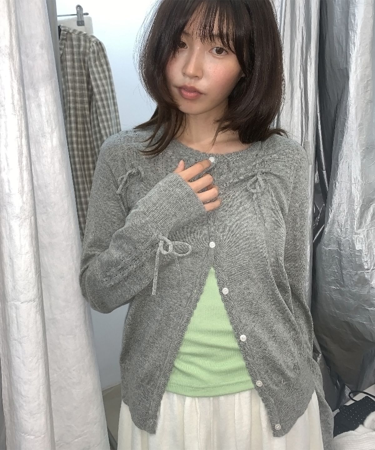 론론(RONRON) OPENWORK RIBBON CARDIGAN GREY