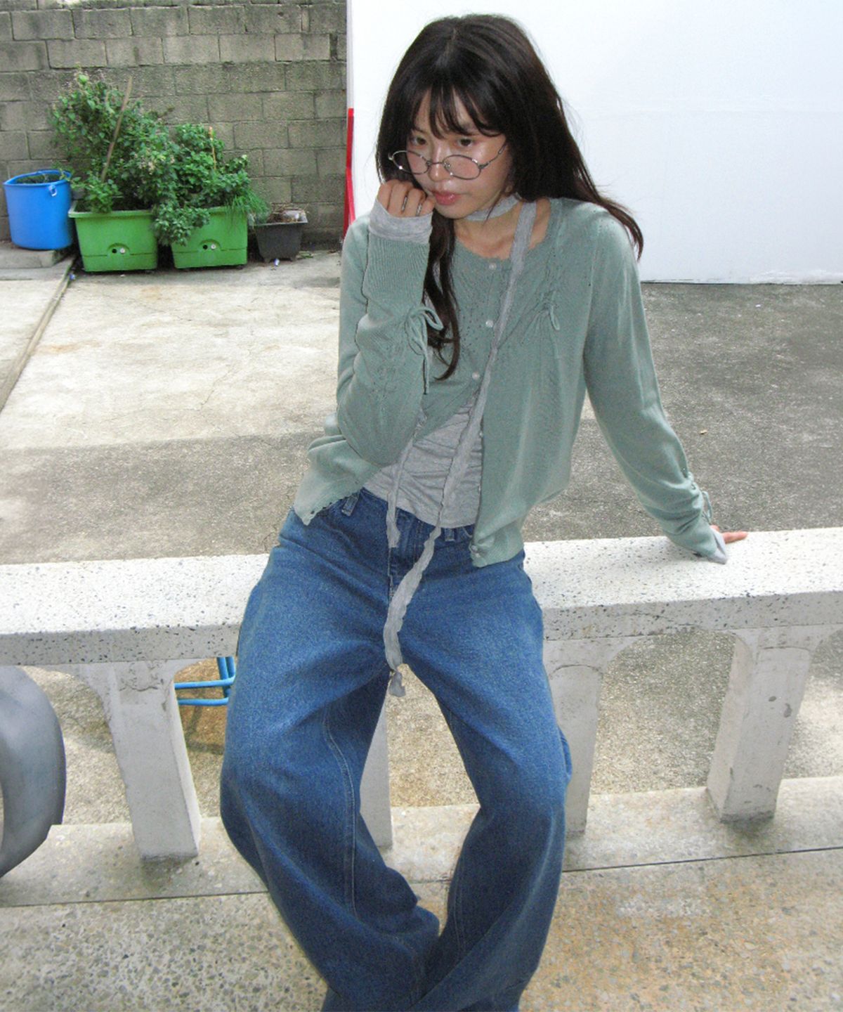 론론(RONRON) OPENWORK RIBBON CARDIGAN MINT