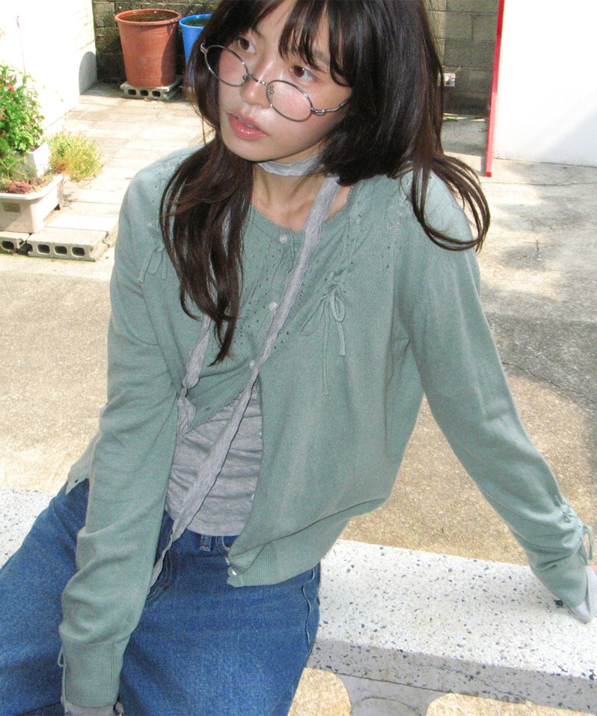 론론(RONRON) OPENWORK RIBBON CARDIGAN MINT