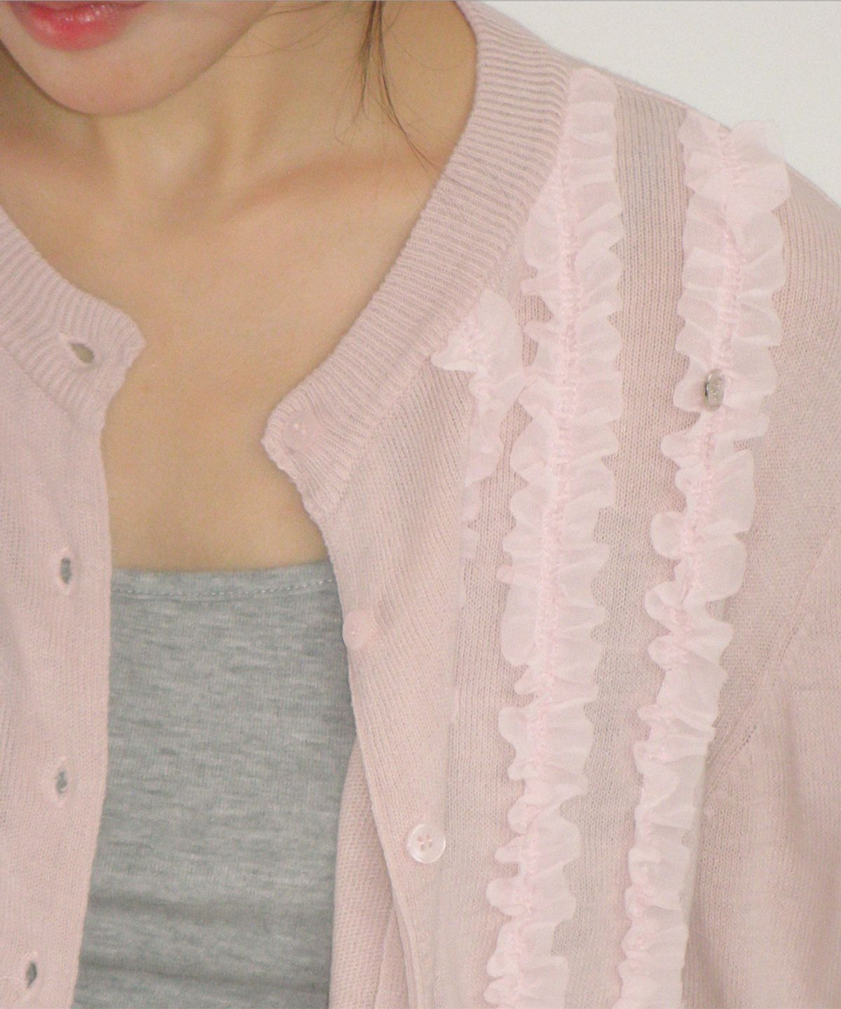 론론(RONRON) SHEER FRILL CARDIGAN PINK