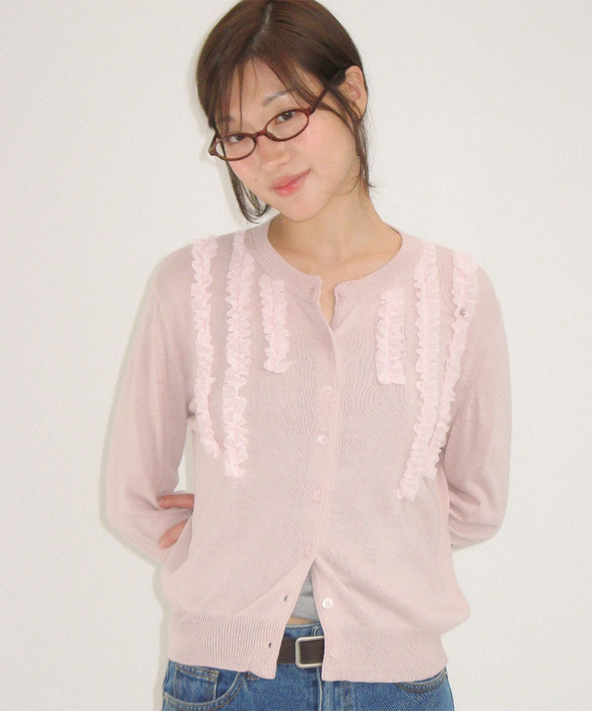 론론(RONRON) SHEER FRILL CARDIGAN PINK