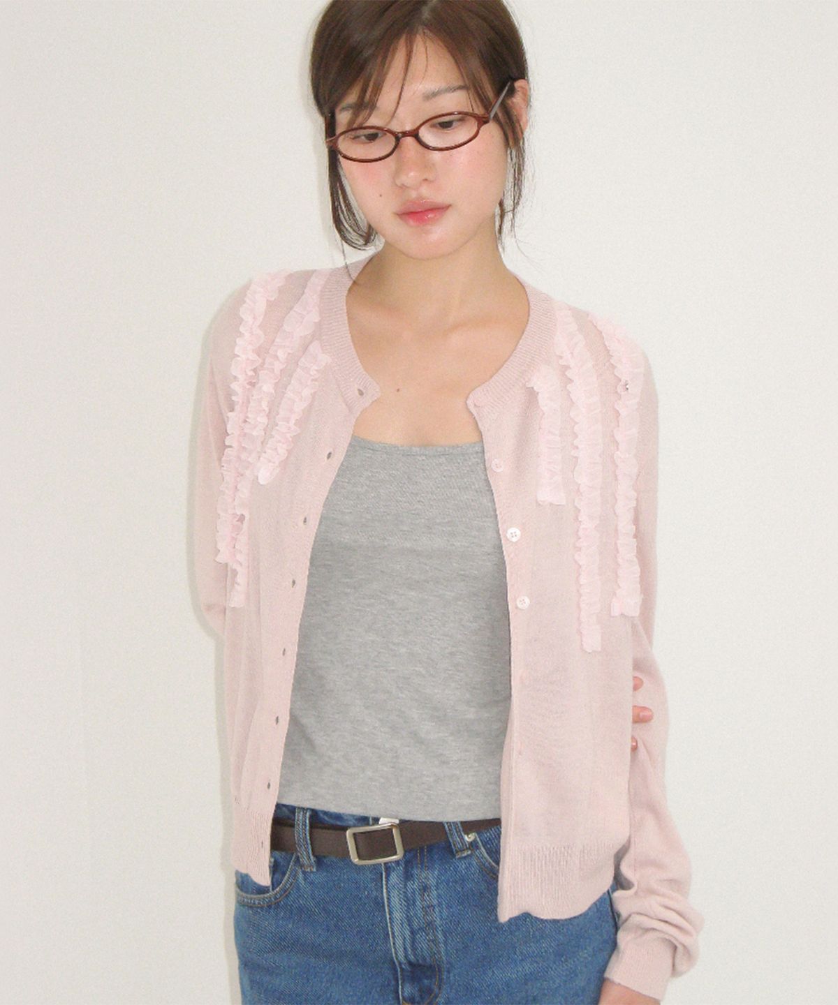 론론(RONRON) SHEER FRILL CARDIGAN PINK