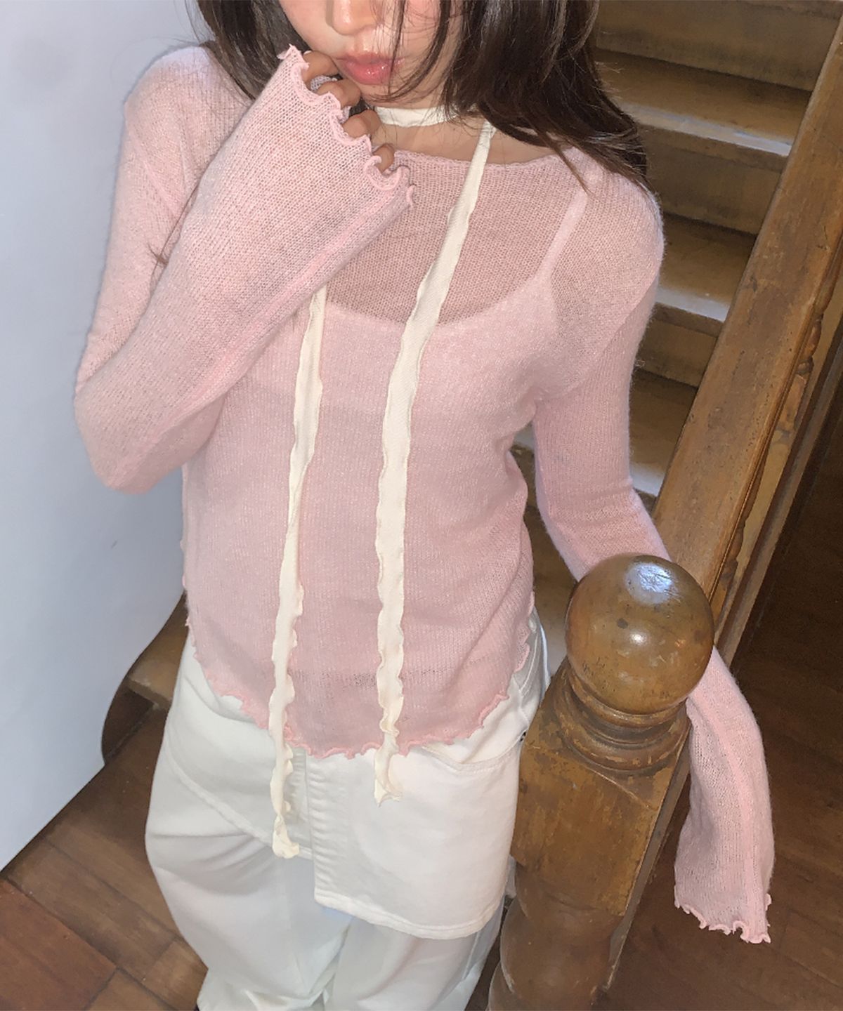 론론(RONRON) SHEER WAVY BOAT NECK KNIT PINK