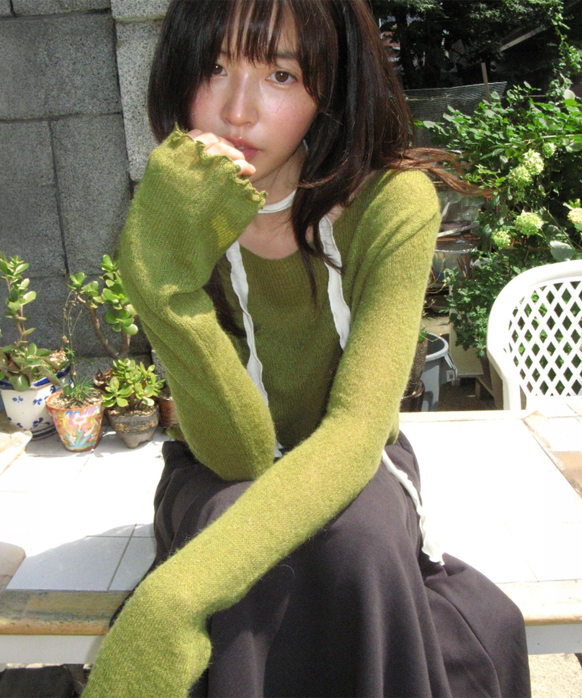 론론(RONRON) SHEER WAVY BOAT NECK KNIT OLIVE
