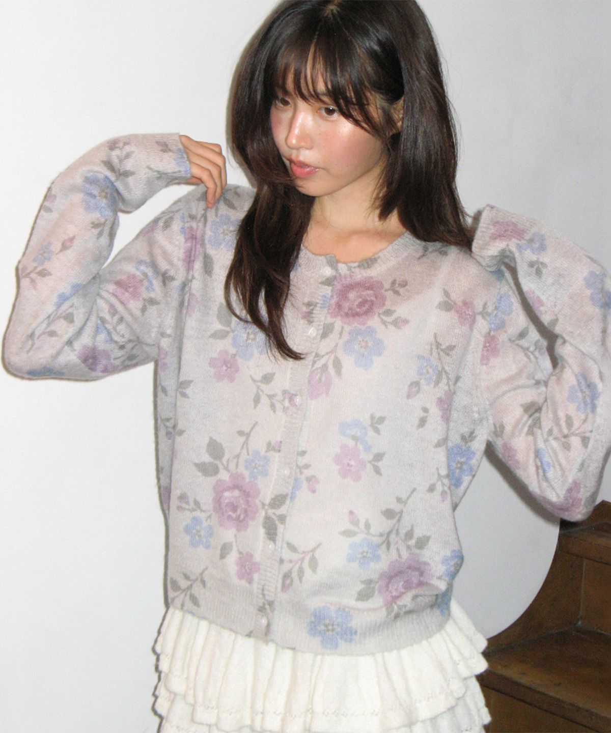 론론(RONRON) VINTAGE FLORAL CARDIGAN GREY