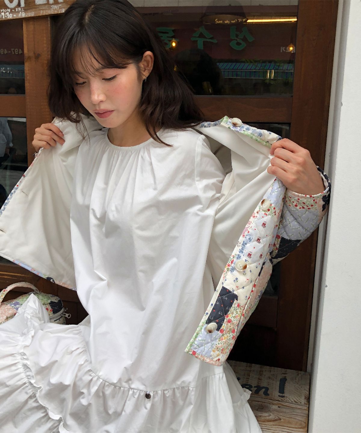 론론(RONRON) SHIRRING PUFF RUFFLE DRESS WHITE