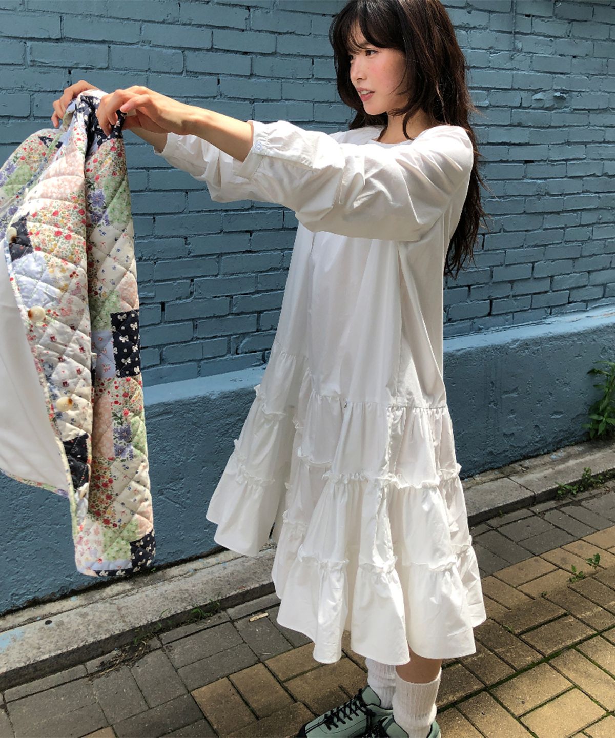 론론(RONRON) SHIRRING PUFF RUFFLE DRESS WHITE