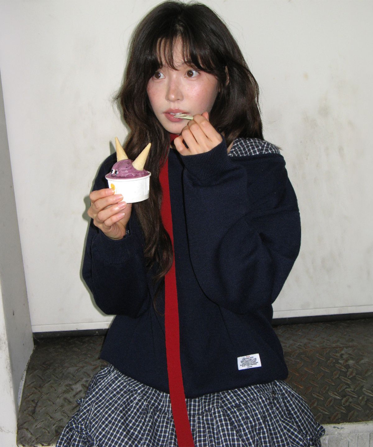론론(RONRON) SHIRRING PUFF RUFFLE DRESS NAVY CHECK