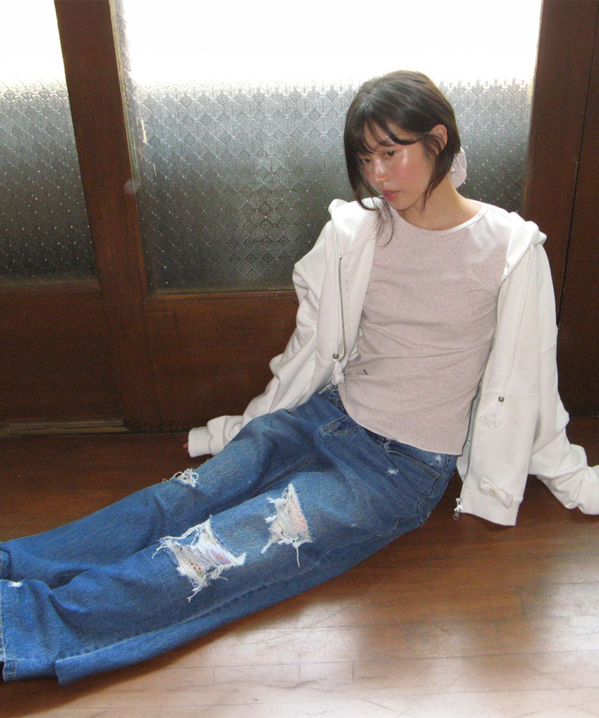 론론(RONRON) DESTROYED PATCHWORK DENIM PANTS MEDIUM BLUE