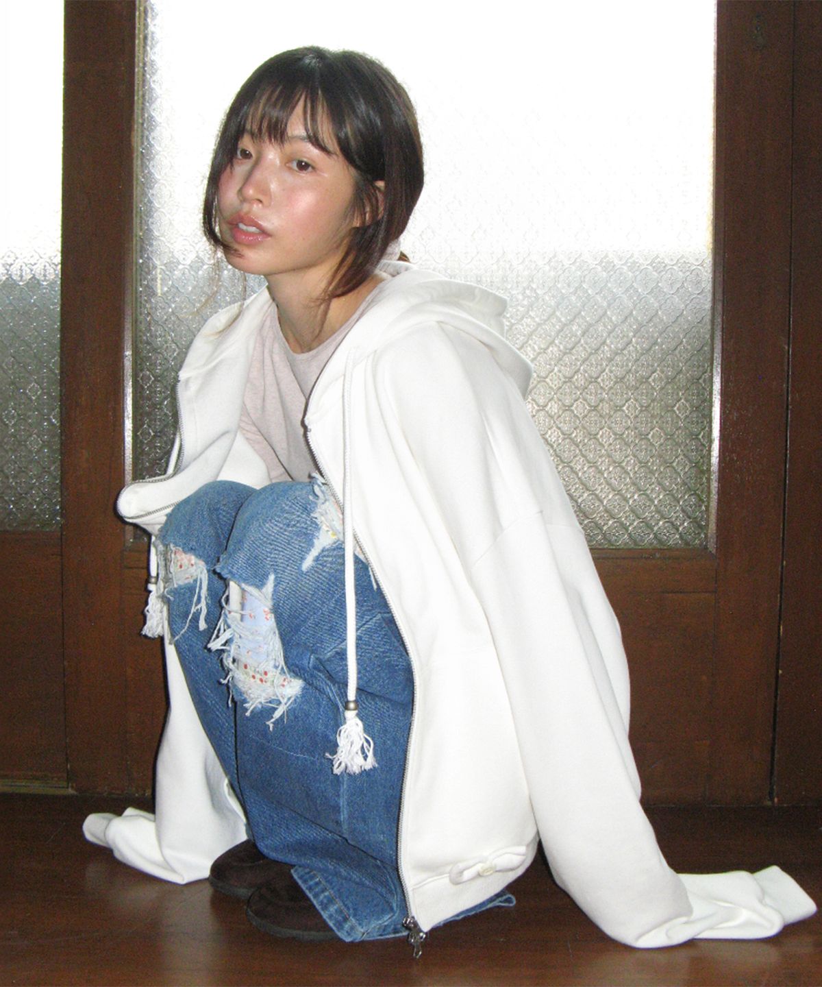 론론(RONRON) DESTROYED PATCHWORK DENIM PANTS MEDIUM BLUE