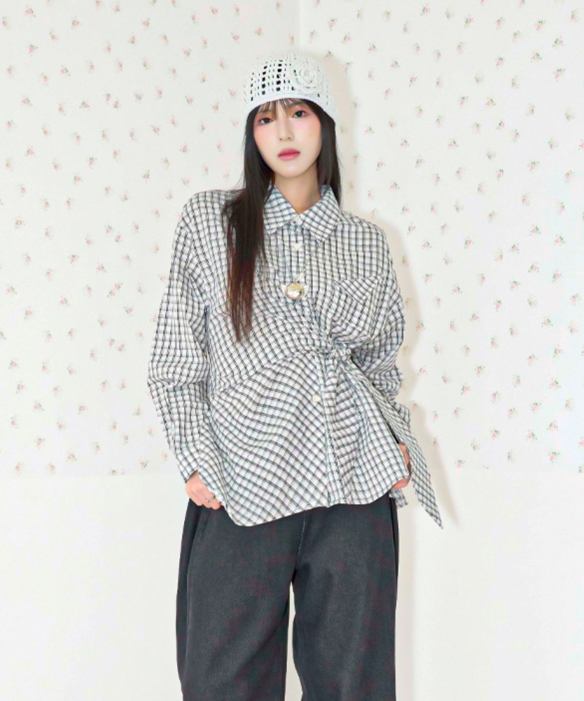 쿨키튼(KOOLKITTEN) Asymmetric Tie-Hem Plaid Shirt 2colors