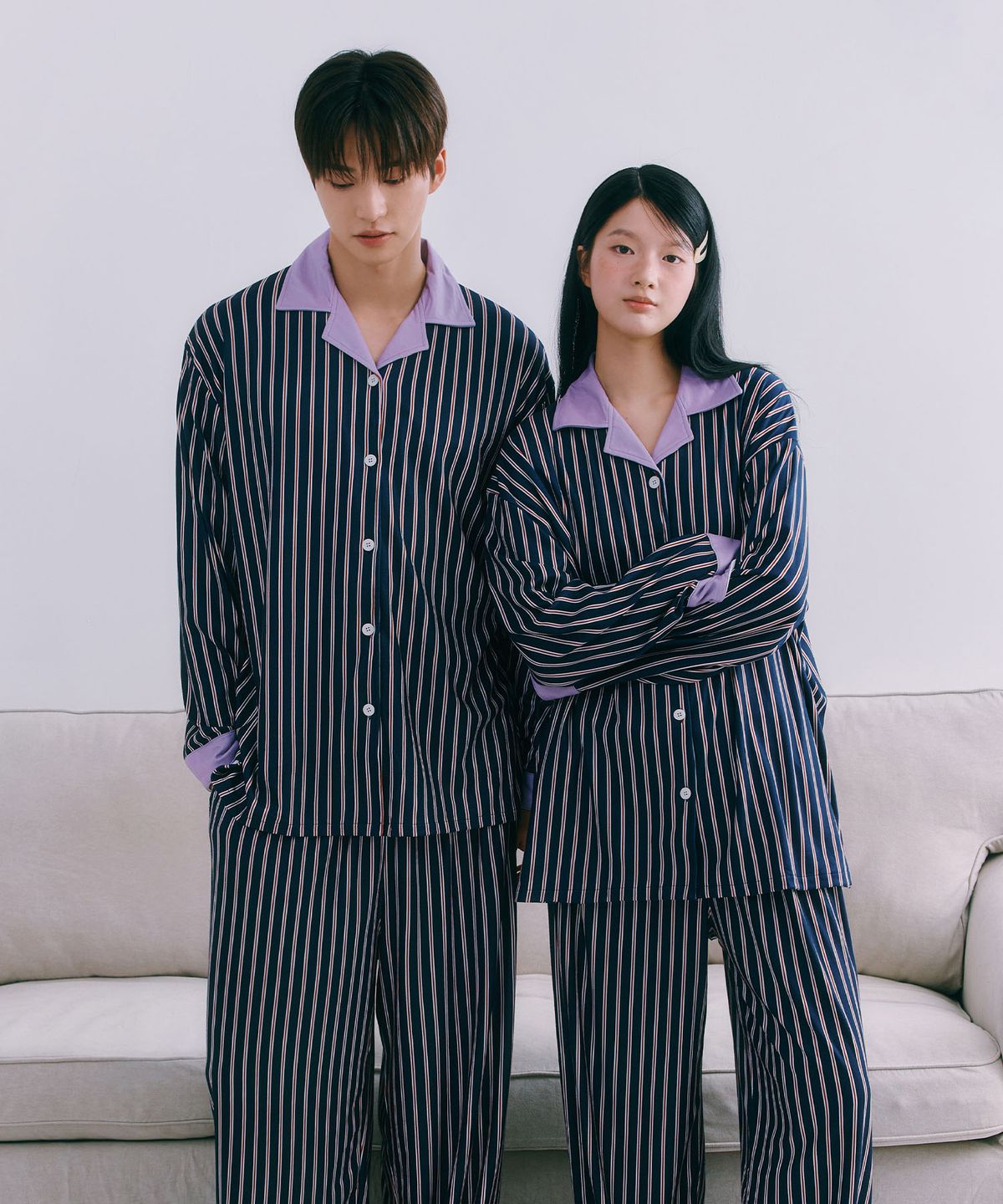 주디앤(JUDYN) [2PACK] 모던 스트라이프 피치기모 긴팔 잠옷 파자마 세트