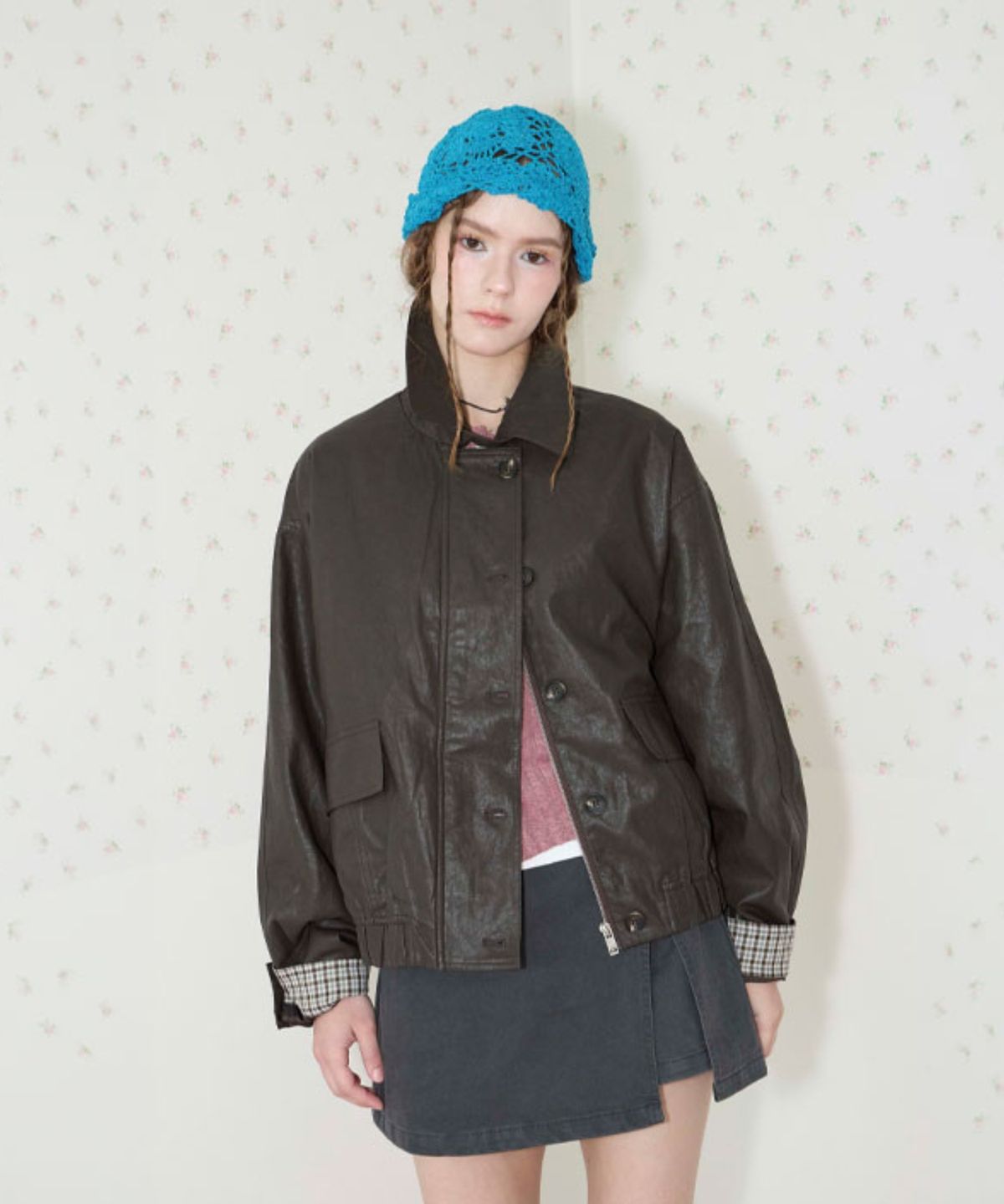 쿨키튼(KOOLKITTEN) Plaid Cuff Leather Jacket 2colors