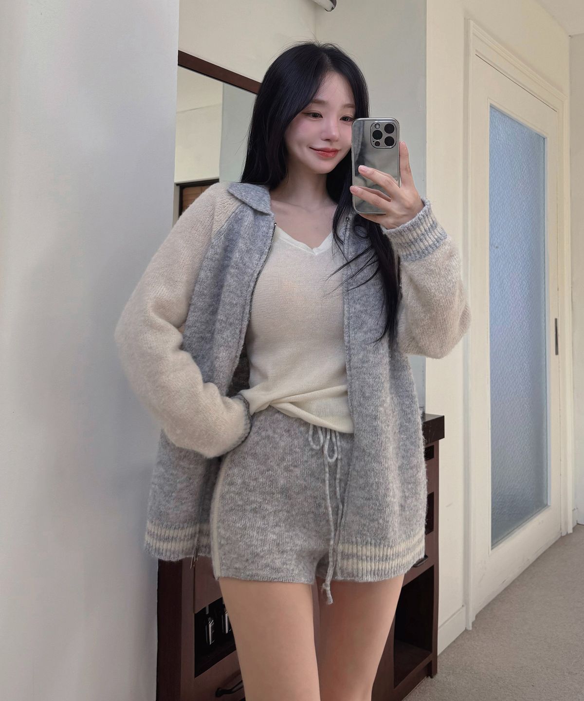 카인다미(KINDAME) 울 니트 트레이닝 바시티 집업