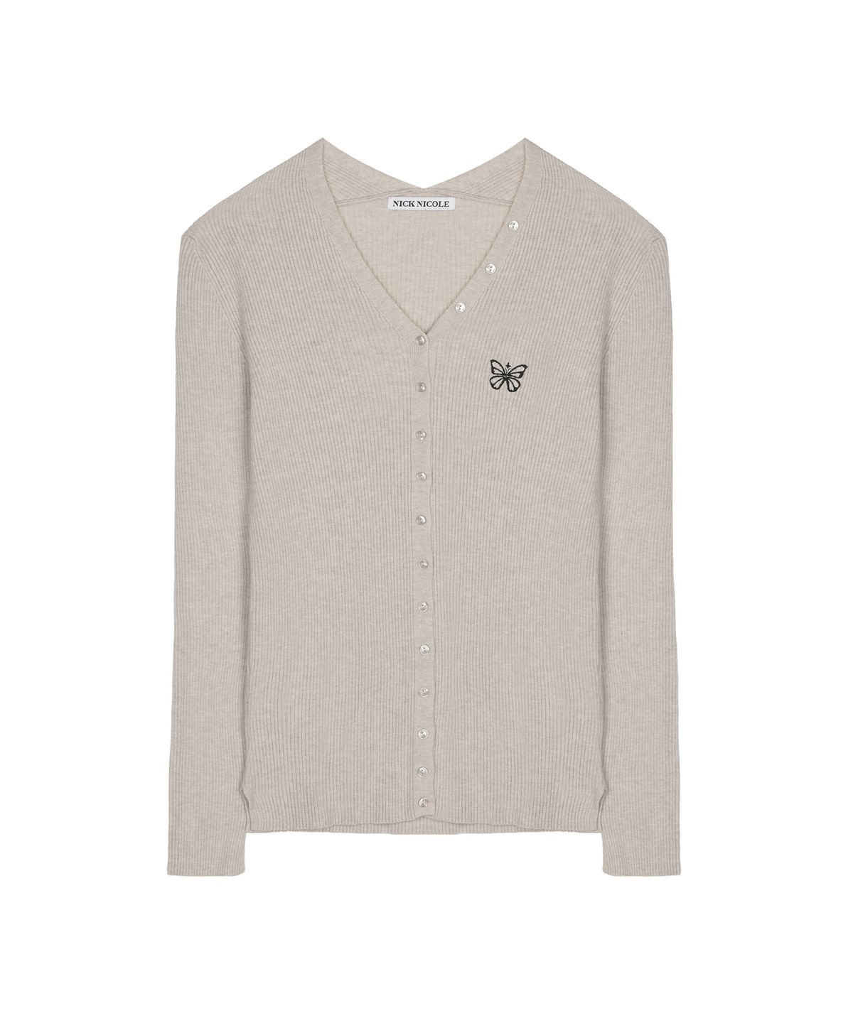 닉앤니콜(NICK&NICOLE) BUTTERFLY BUTTON SLIM KNIT CARDIGAN_SAND GRAY