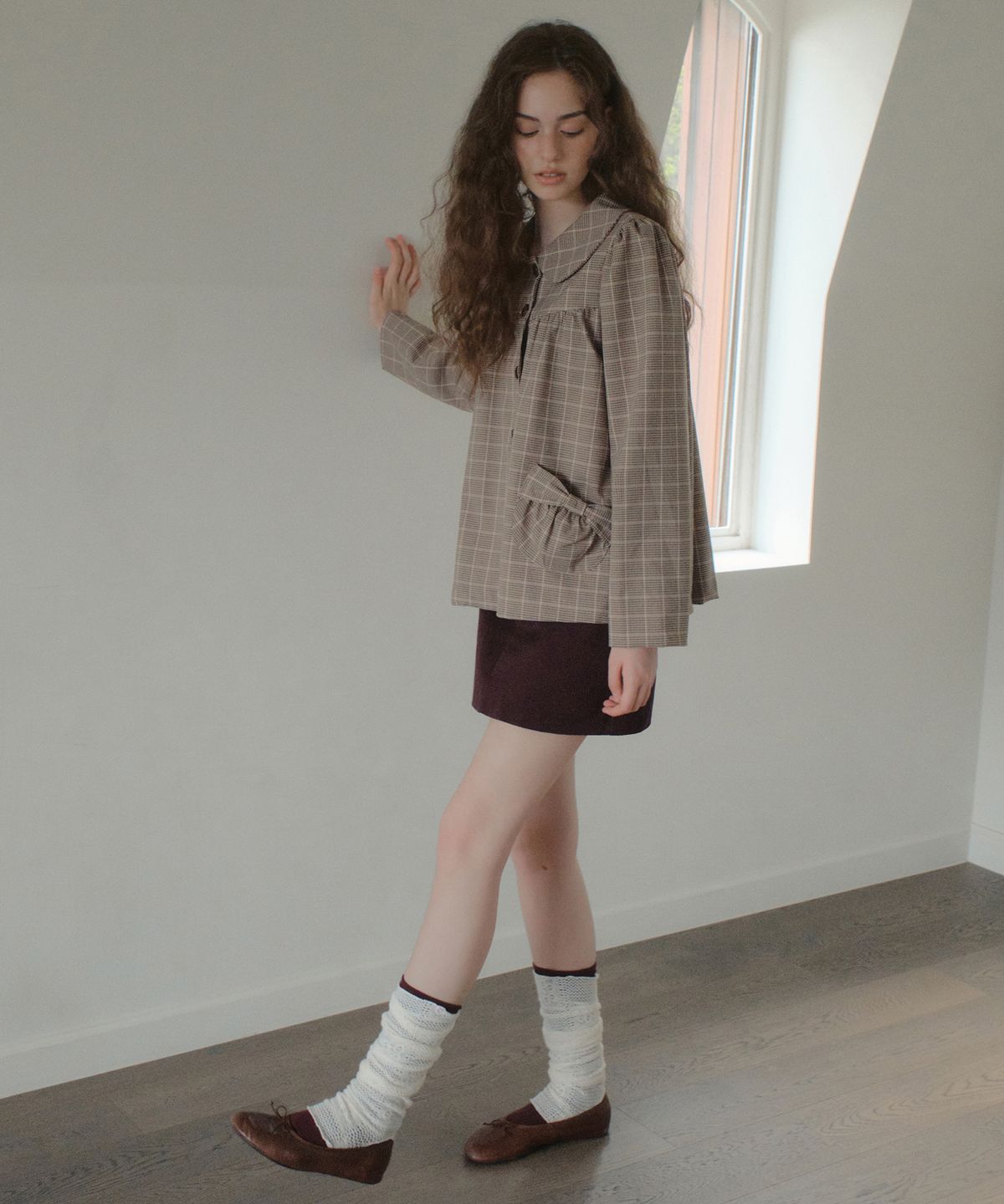 아우어노스텔지아(OURNOSTALGIA) Colette Check Shirring Jacket_Beige(OB6OT05)