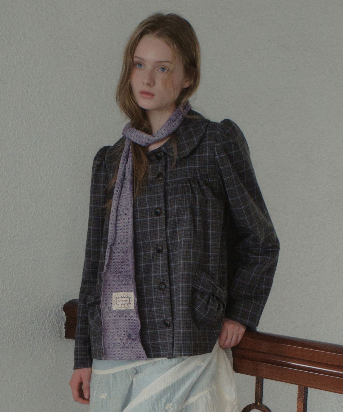 아우어노스텔지아(OURNOSTALGIA) Colette Check Shirring Jacket_Charcoal(OB6OT05)