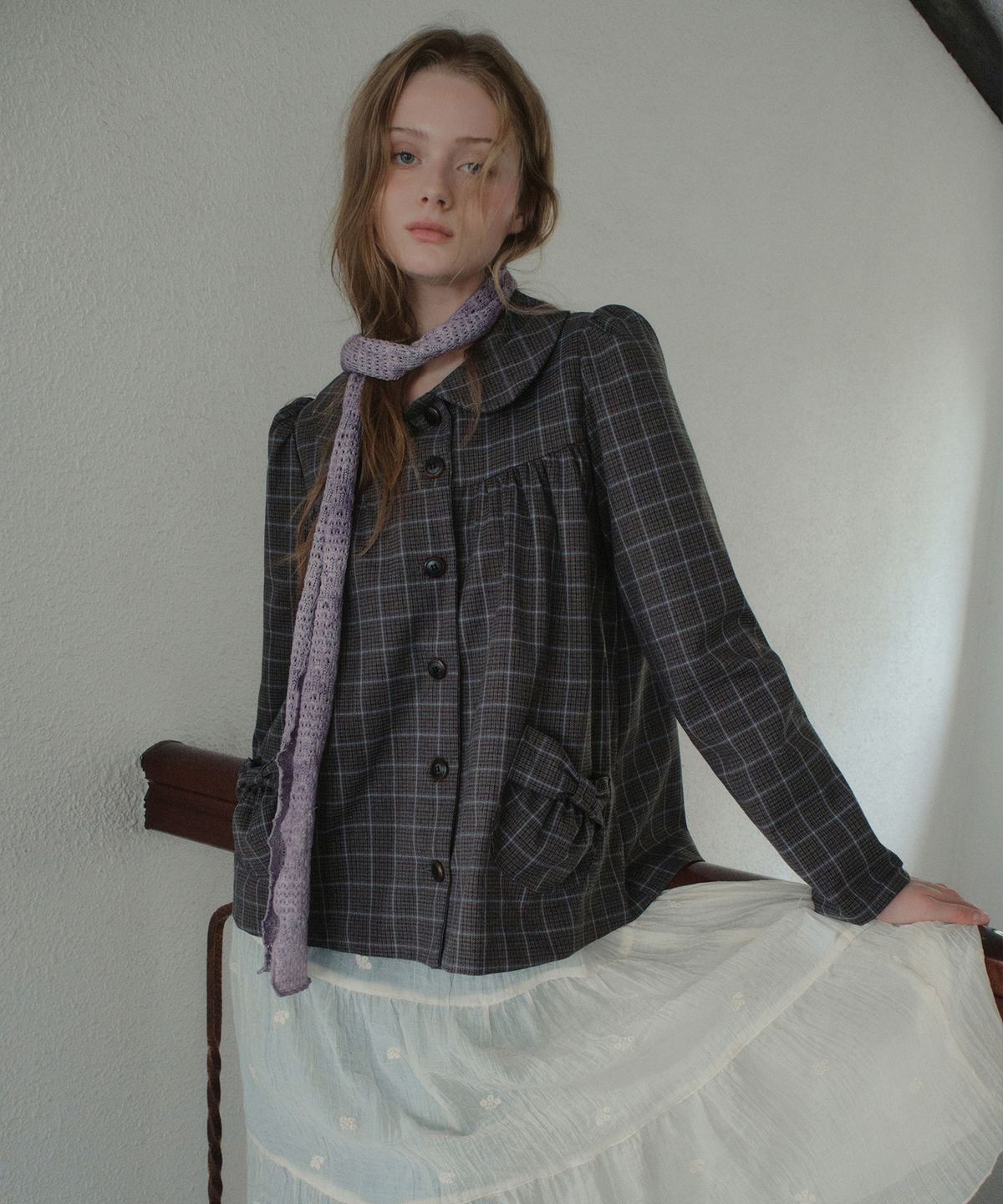 아우어노스텔지아(OURNOSTALGIA) Colette Check Shirring Jacket_Charcoal(OB6OT05)