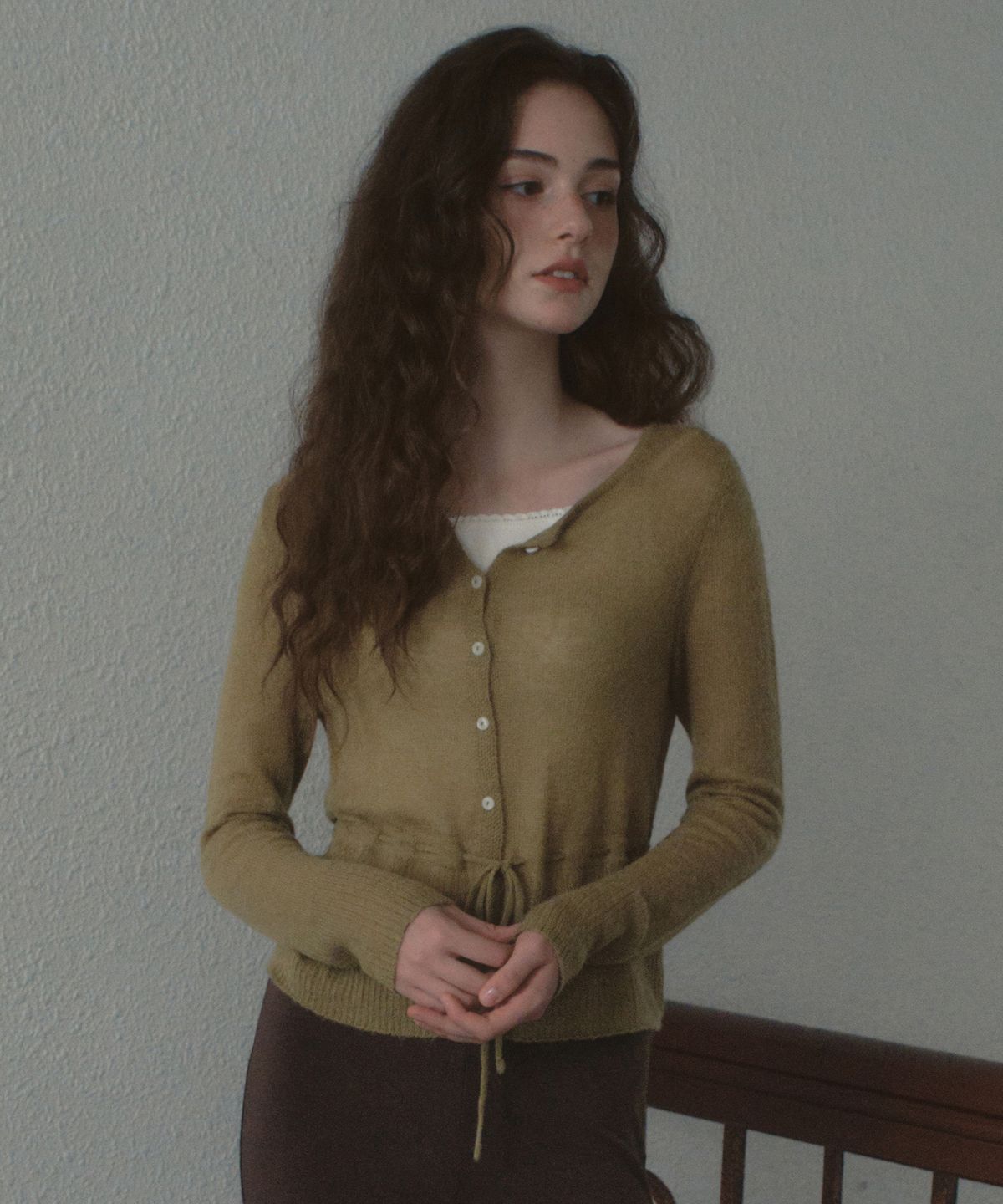 아우어노스텔지아(OURNOSTALGIA) Maren Tie Mohair Knit Cardigan_Khaki(OCB6KN39)