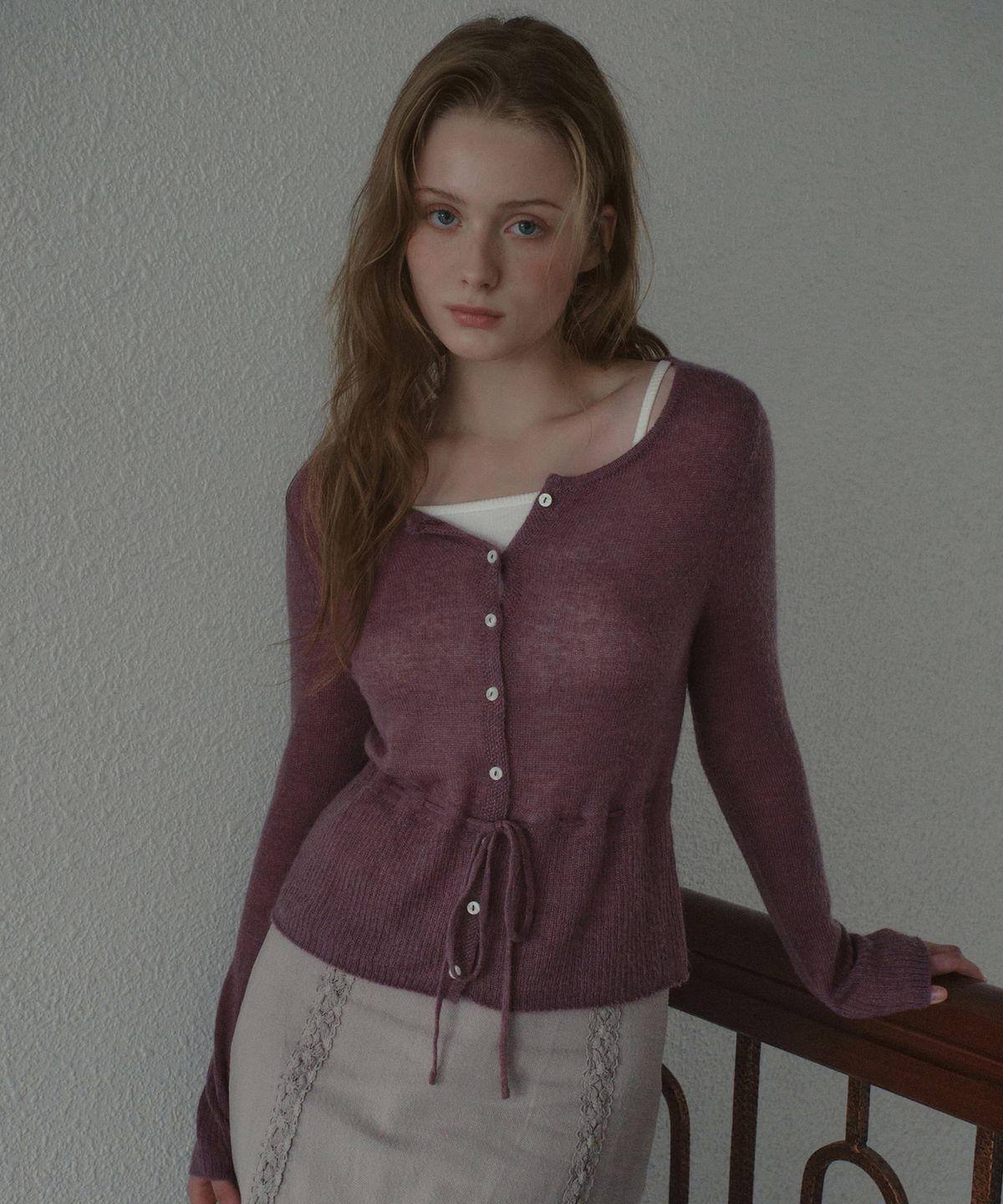아우어노스텔지아(OURNOSTALGIA) Maren Tie Mohair Knit Cardigan_Purple(OCB6KN39)