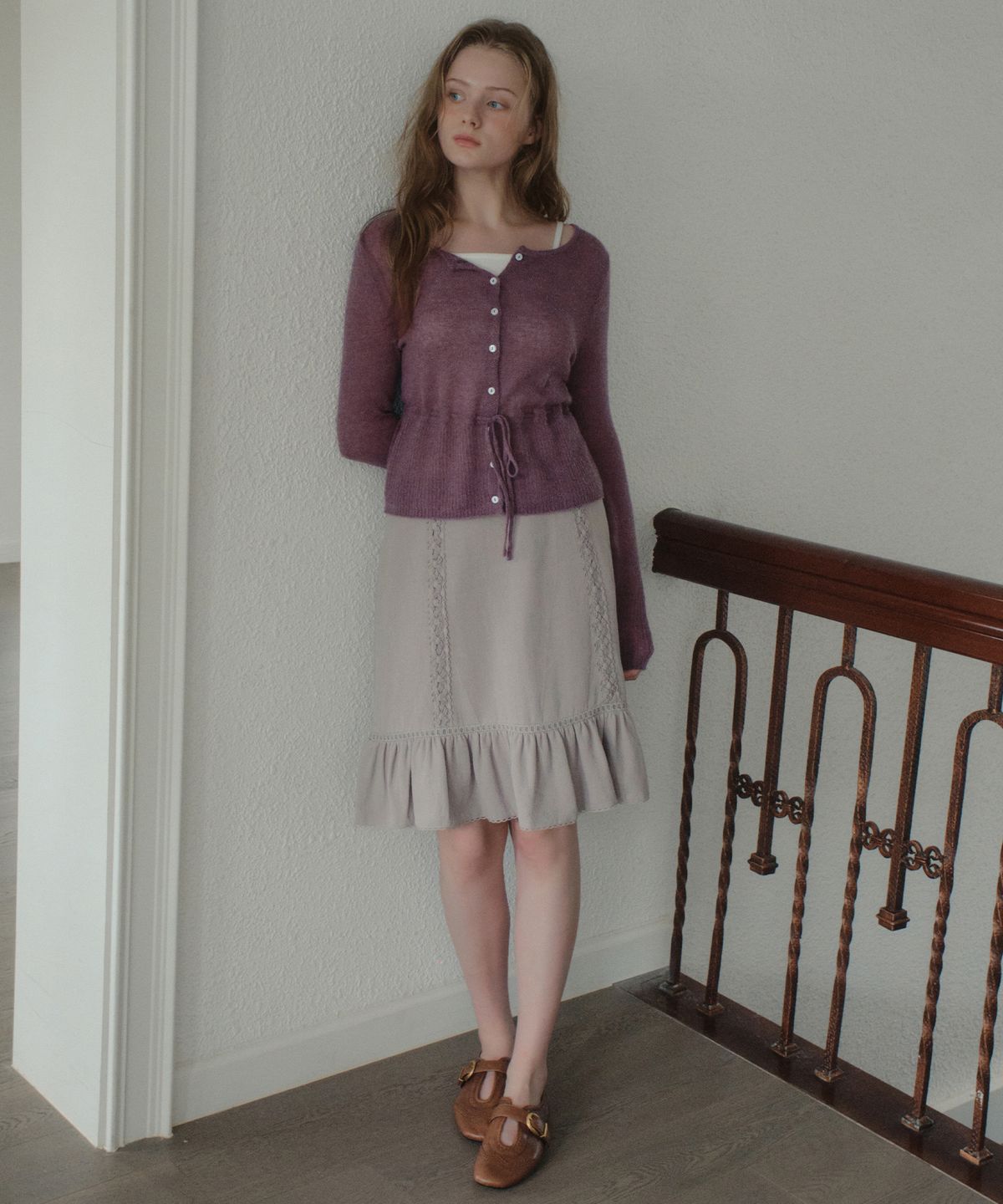아우어노스텔지아(OURNOSTALGIA) Maren Tie Mohair Knit Cardigan_Purple(OCB6KN39)