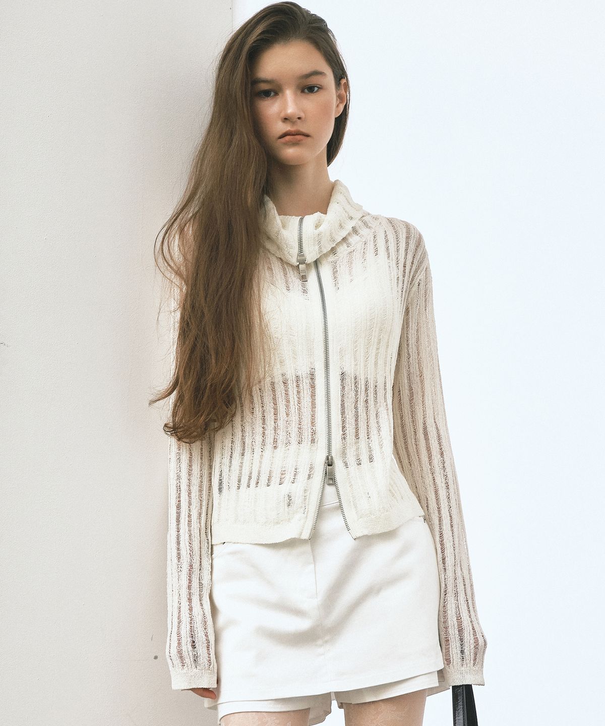 닉앤니콜(NICK&NICOLE) SEE-THROUGH ZIP-UP KNIT_WHITE
