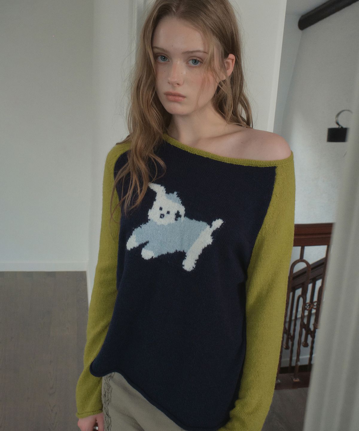 아우어노스텔지아(OURNOSTALGIA) Dobby Raglan Knit_Navy(OCB6KN37)