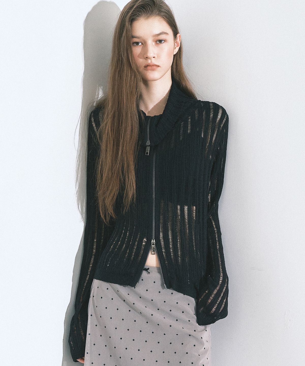 닉앤니콜(NICK&NICOLE) SEE-THROUGH ZIP-UP KNIT_BLACK