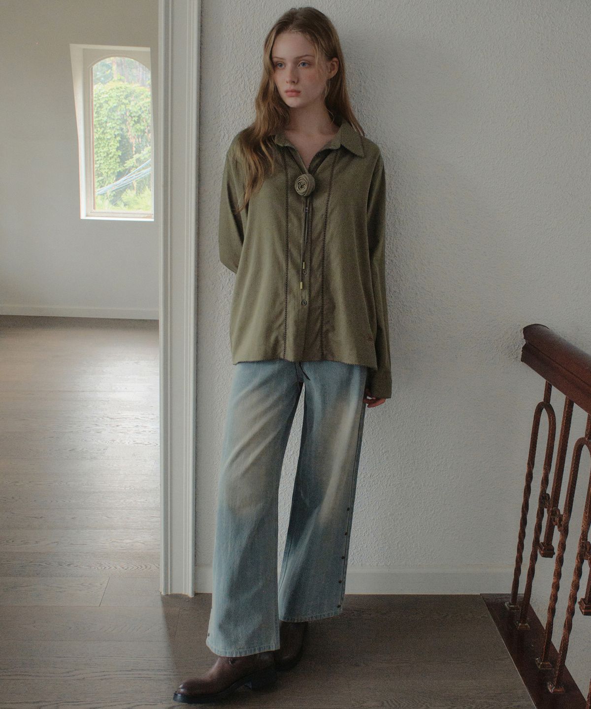 아우어노스텔지아(OURNOSTALGIA) Pinco Stitch Shirt_Khaki(OB6SH04)