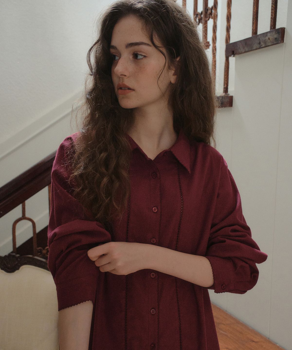 아우어노스텔지아(OURNOSTALGIA) Pinco Stitch Shirt_Burgundy(OB6SH04)