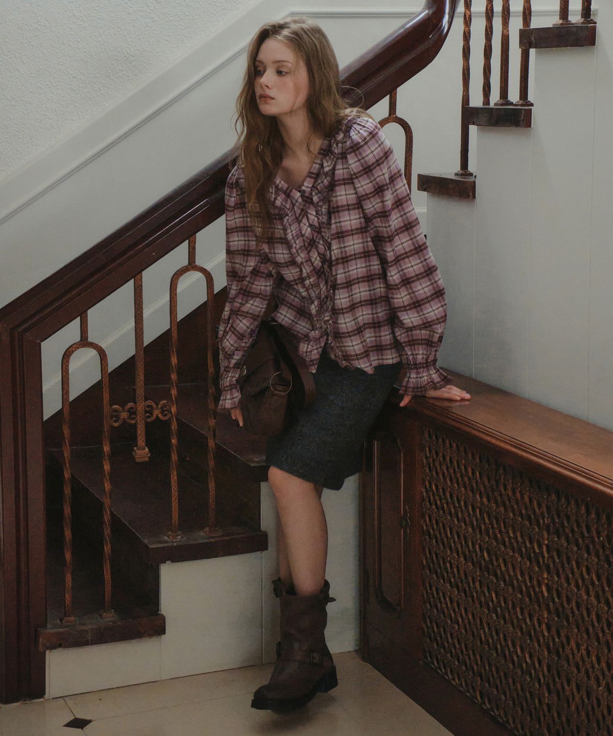 아우어노스텔지아(OURNOSTALGIA) Vintage Check Ruffle Blouse_Lavender(OB6BL15)