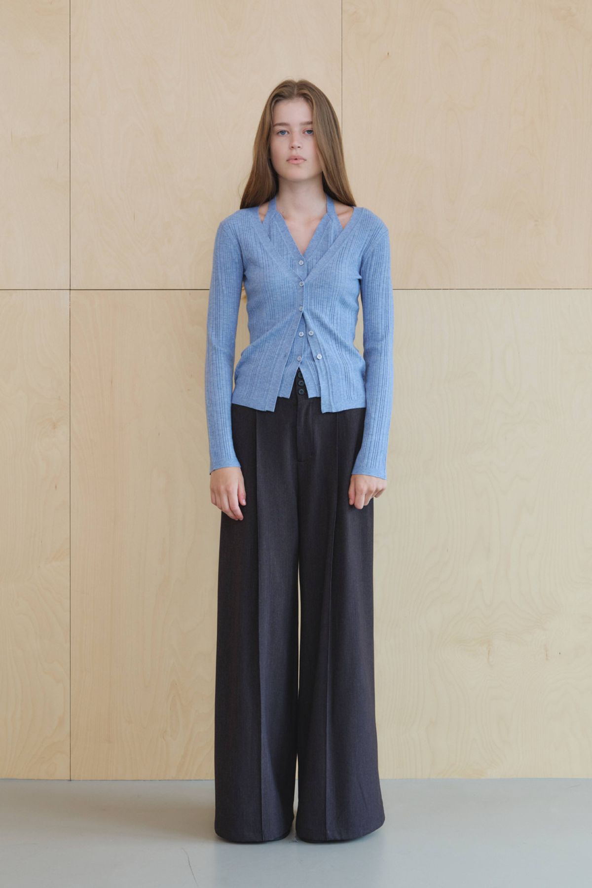 쿠메(KUMÉ) Halter Layered Ribbed knit Cardigan, Blue