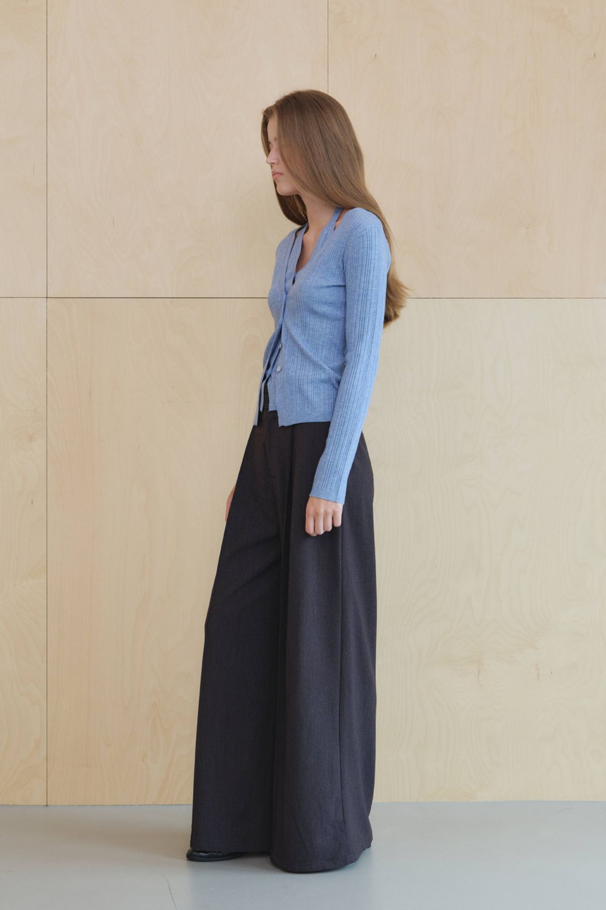 쿠메(KUMÉ) Halter Layered Ribbed knit Cardigan, Blue