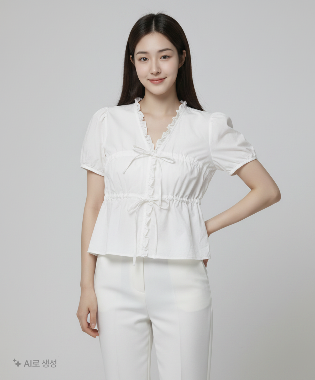 논로컬(NONLOCAL) Ribbon Shirring Puff Sleeve Blouse - White FREE