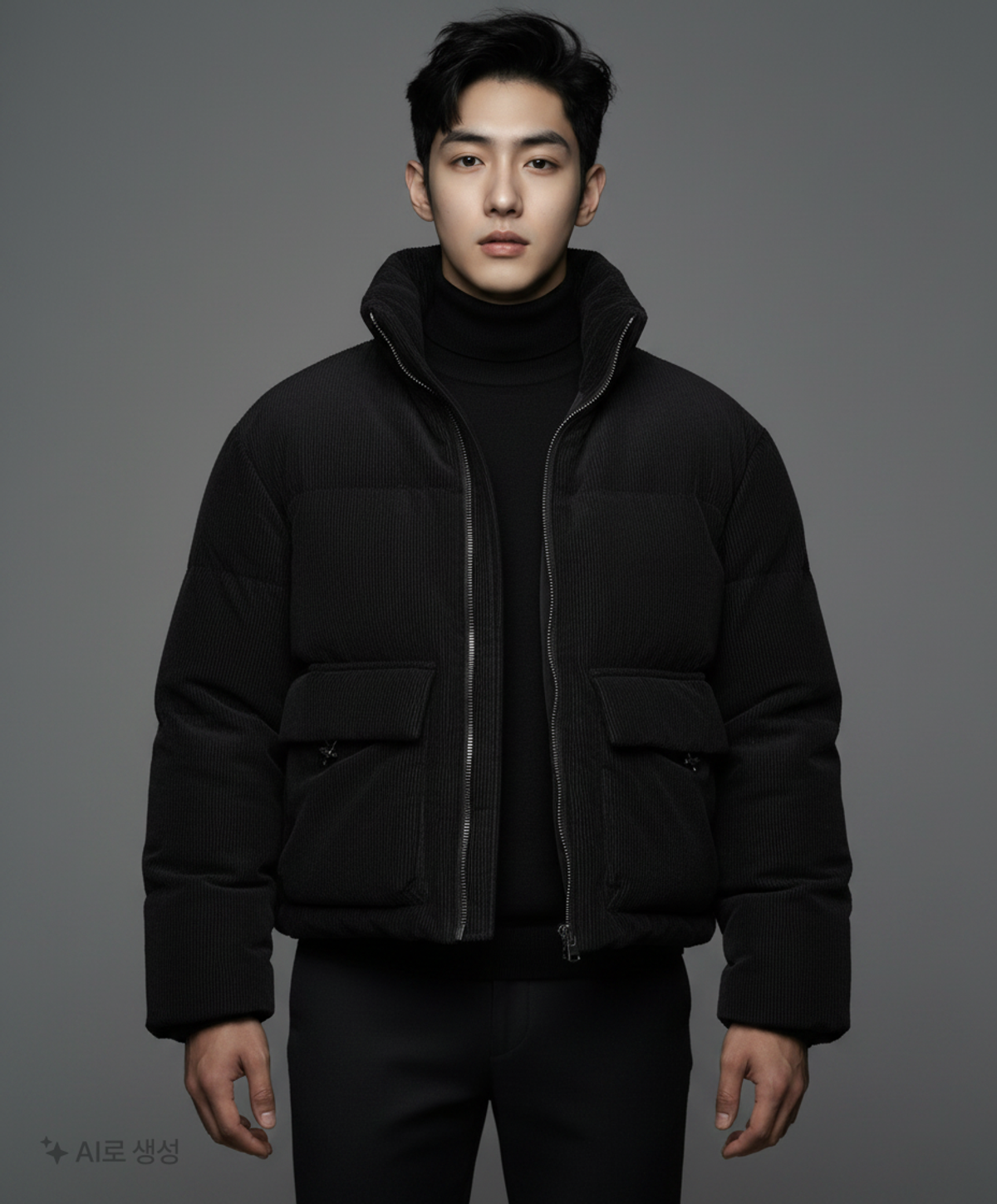 멜란지 마스터(MELANGE MASTER) 코듀로이 덕 다운 아웃 포켓 숏 패딩 [블랙] L