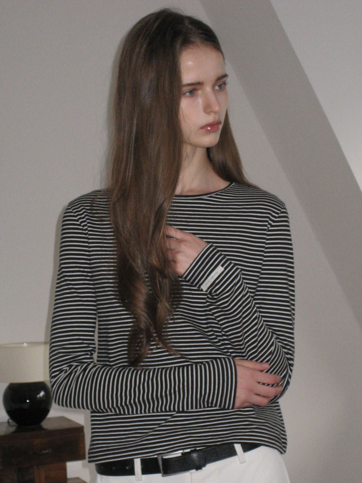 웨이브유니온(WAVE UNION) Stripe Slim Fit Longsleeve T-shirt Black Ivory