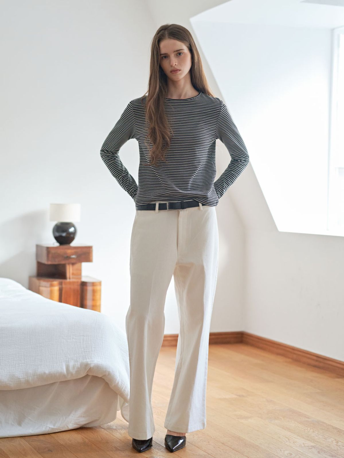 웨이브유니온(WAVE UNION) Stripe Slim Fit Longsleeve T-shirt Black Ivory