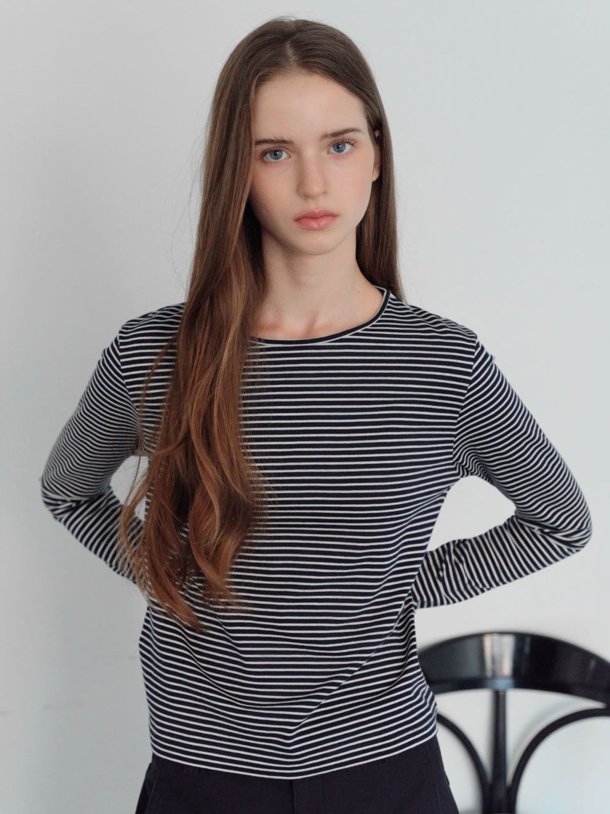 웨이브유니온(WAVE UNION) Stripe Slim Fit Longsleeve T-shirt Navy Ivory