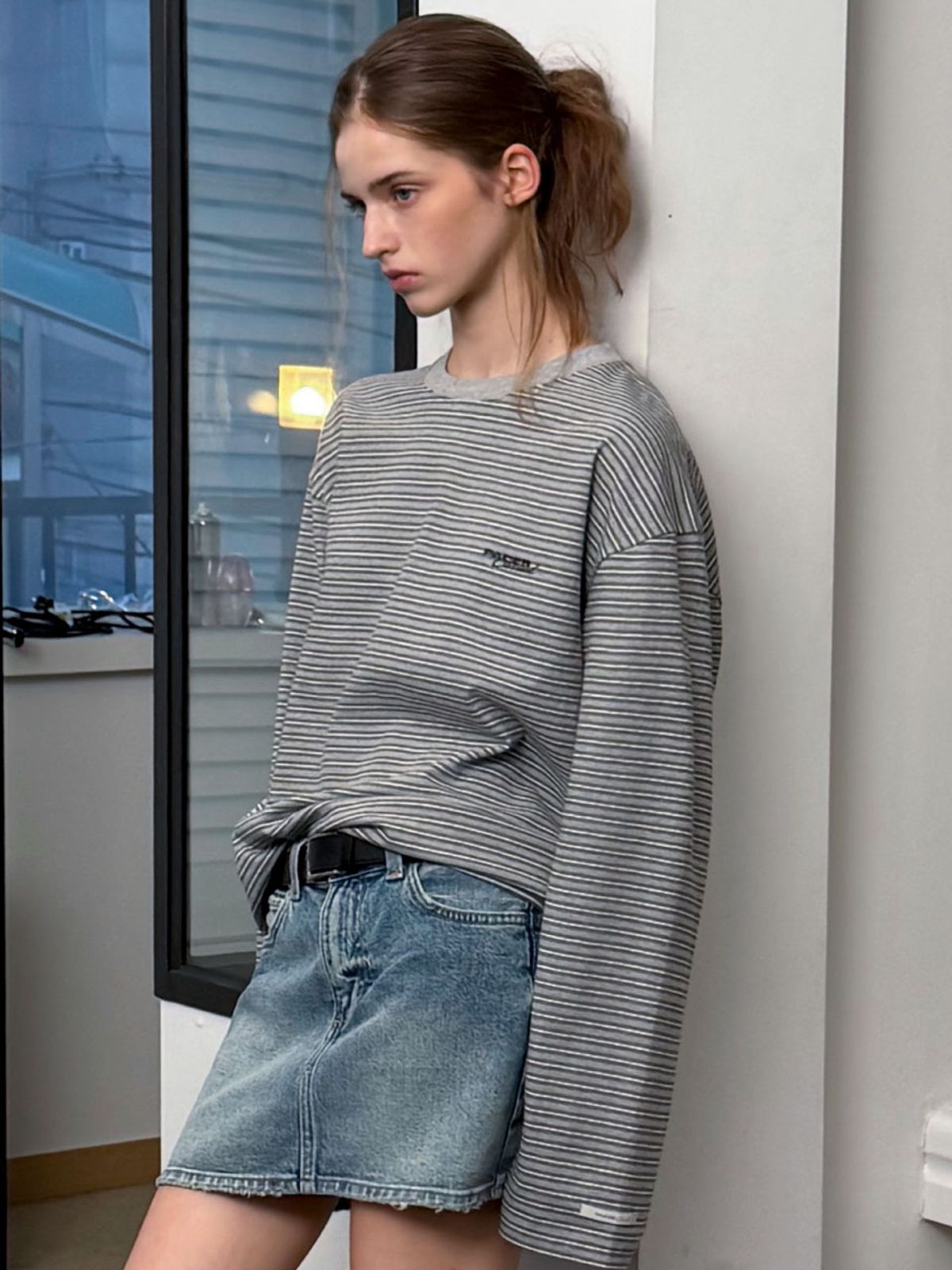 웨이브유니온(WAVE UNION) Stripe Oversized Longsleeve T-shirt Charcoal