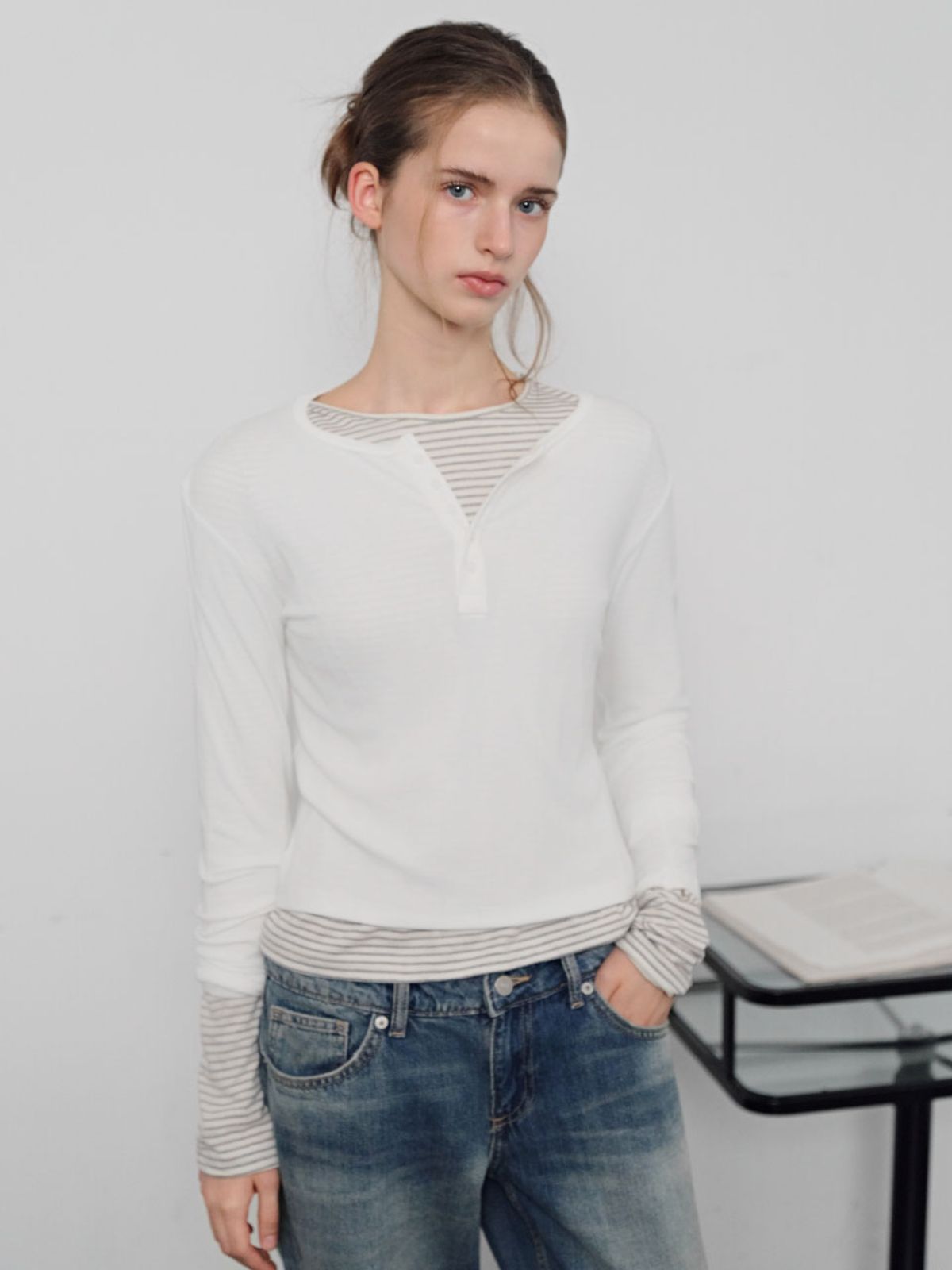 웨이브유니온(WAVE UNION) Soft rib Henley Longsleeve Top White
