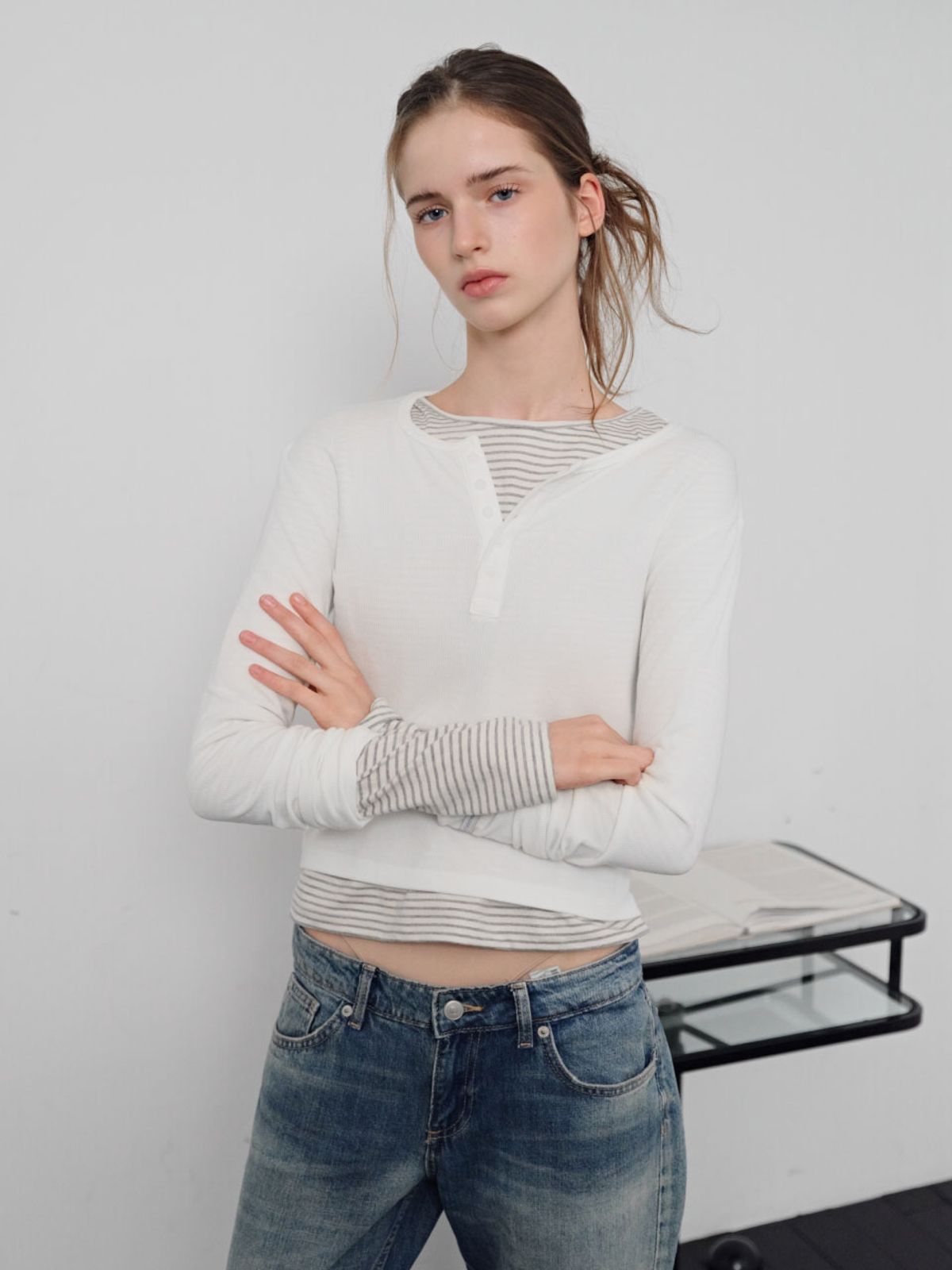 웨이브유니온(WAVE UNION) Soft rib Henley Longsleeve Top White