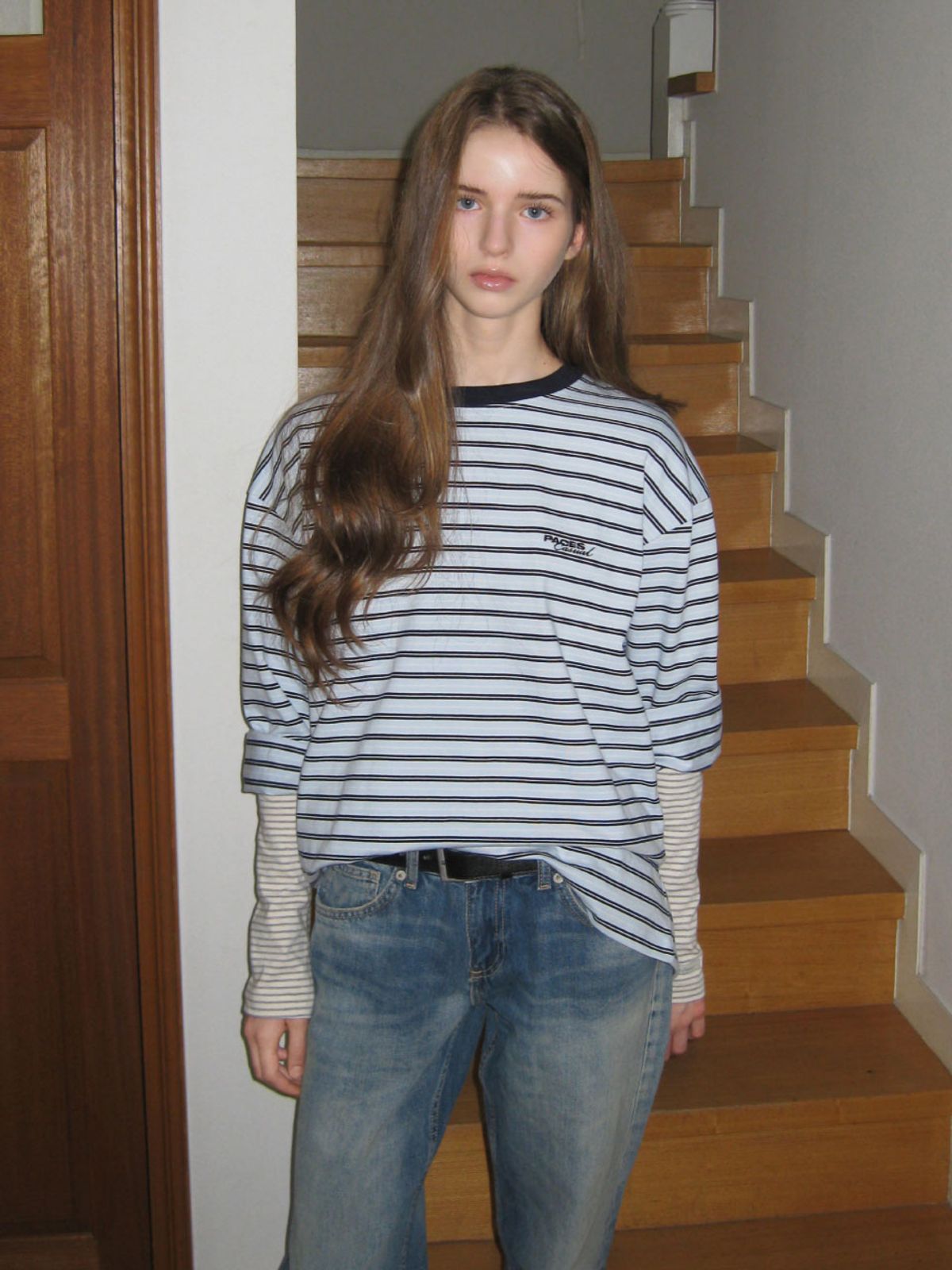 웨이브유니온(WAVE UNION) Stripe Oversized Longsleeve T-shirt Light blue