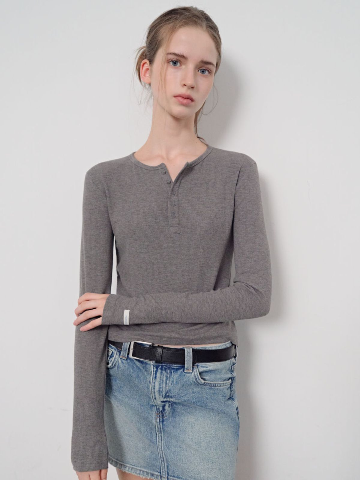 웨이브유니온(WAVE UNION) Soft rib Henley Longsleeve Top Heather dark gray