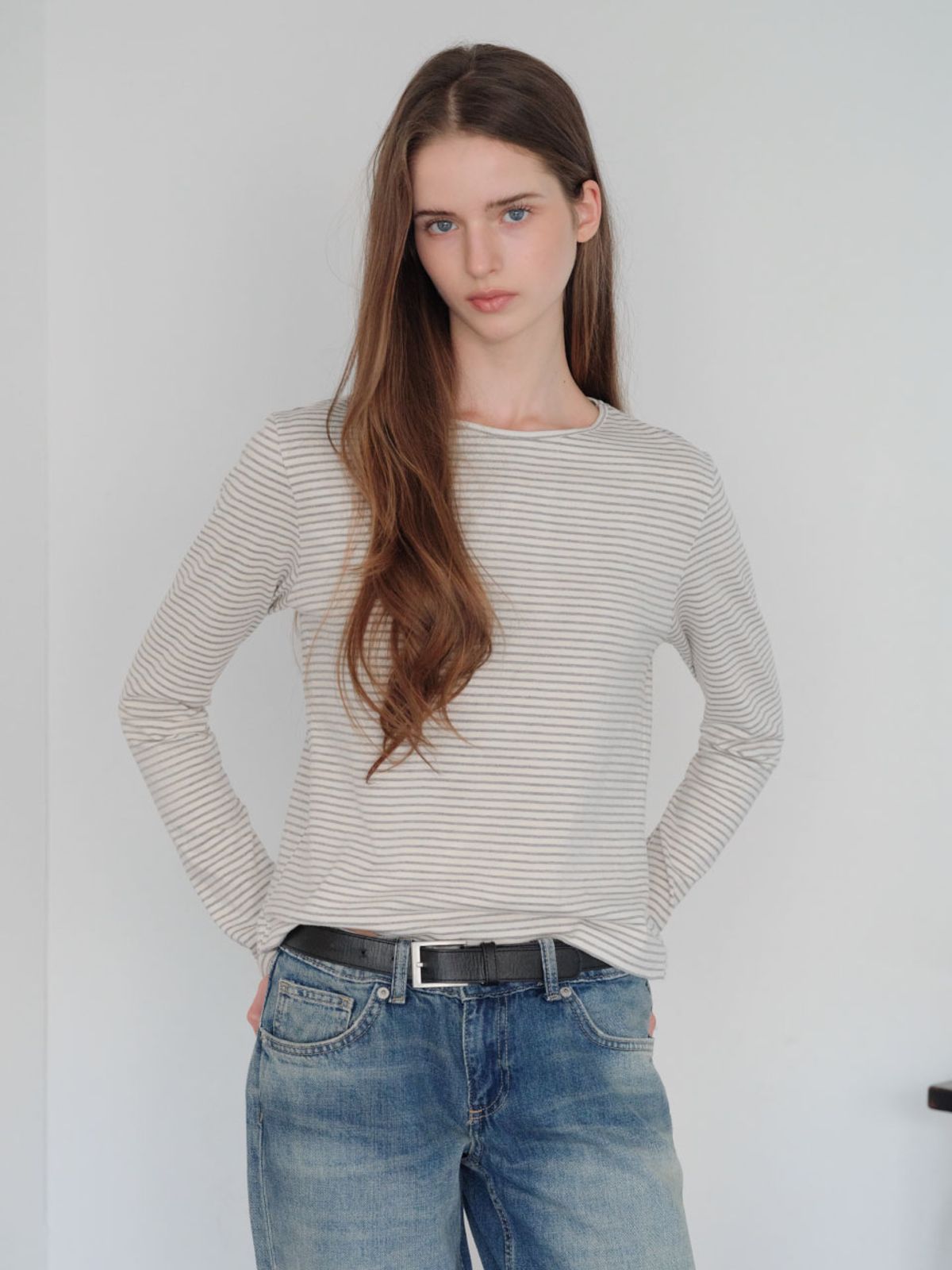 웨이브유니온(WAVE UNION) Stripe Slim Fit Longsleeve T-shirt Ivory Heather gray