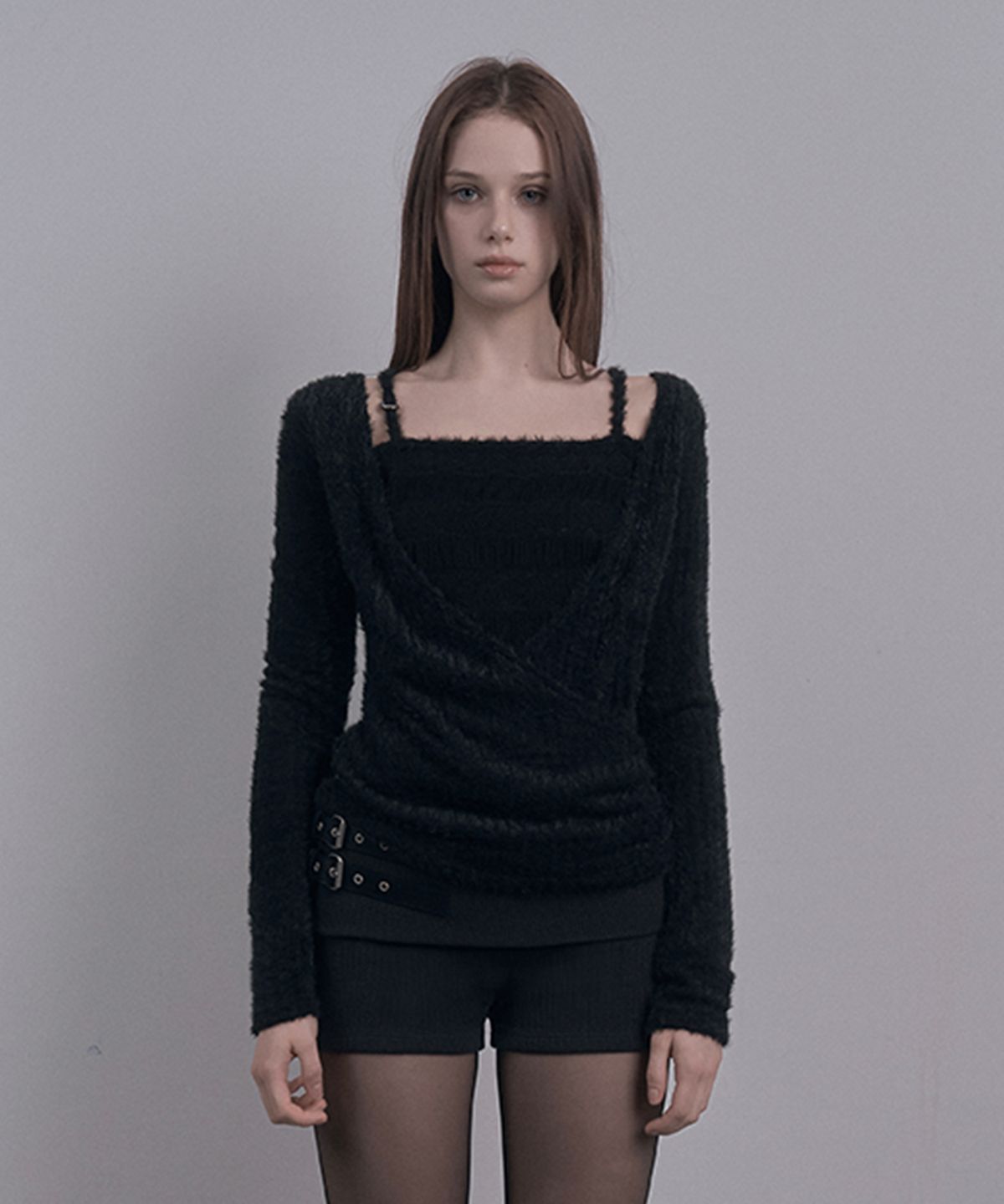 데미오(DAMIO) Layered Wrap Cardigan Knit Top (Black)