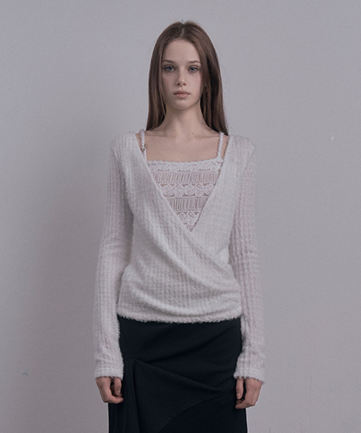데미오(DAMIO) Layered Wrap Cardigan Knit Top (White)
