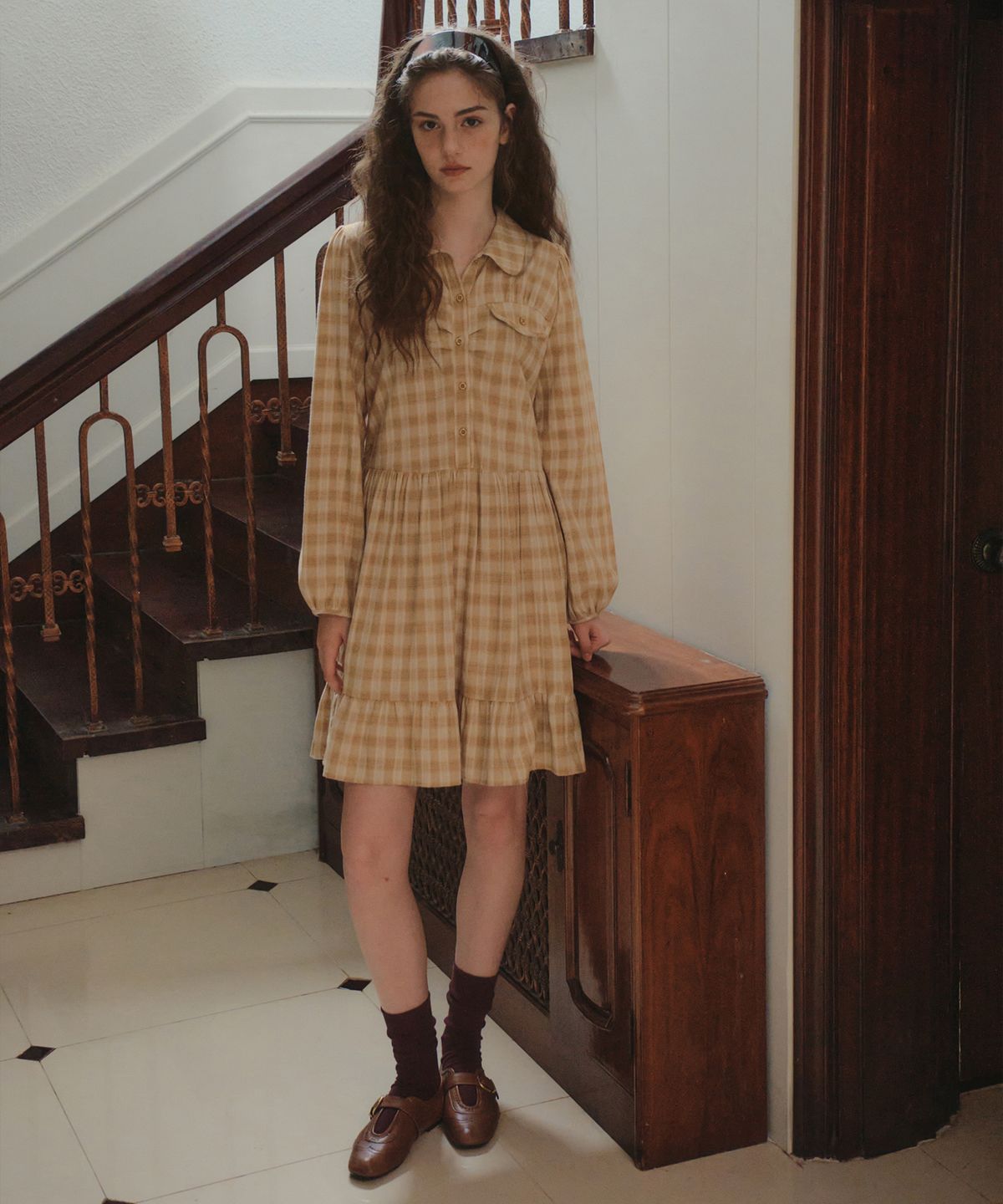아우어노스텔지아(OURNOSTALGIA) Prim Midi Tiered Dress_Mustard(OB6OP08)