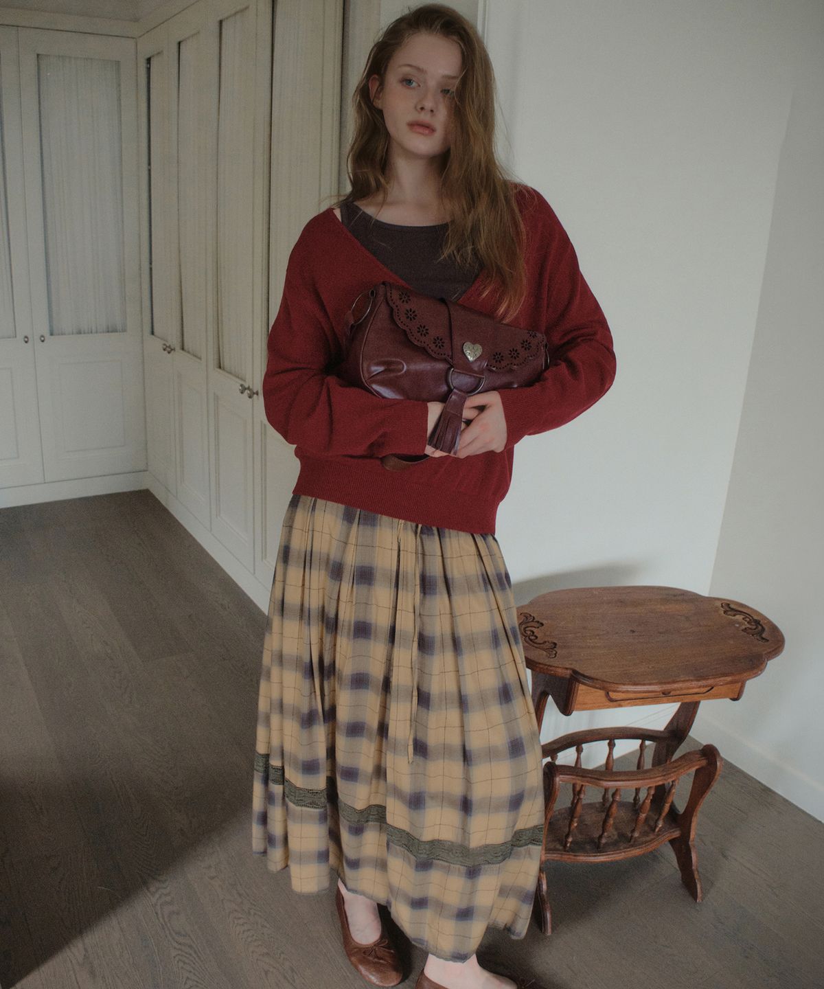 아우어노스텔지아(OURNOSTALGIA) Bonnie Check Pleated Skirt_Orange(OB6SK17)