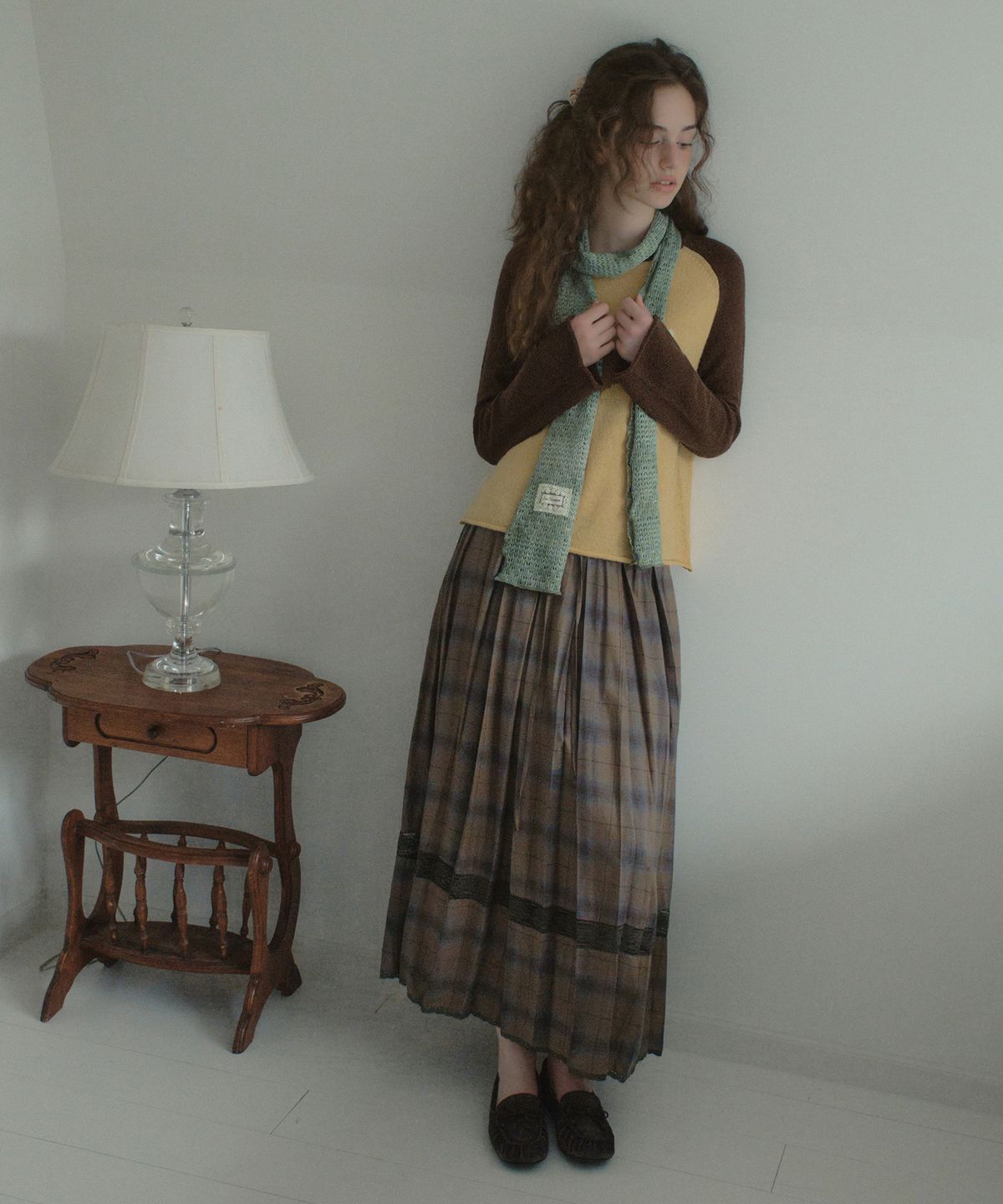 아우어노스텔지아(OURNOSTALGIA) Bonnie Check Pleated Skirt_Khaki(OB6SK17)