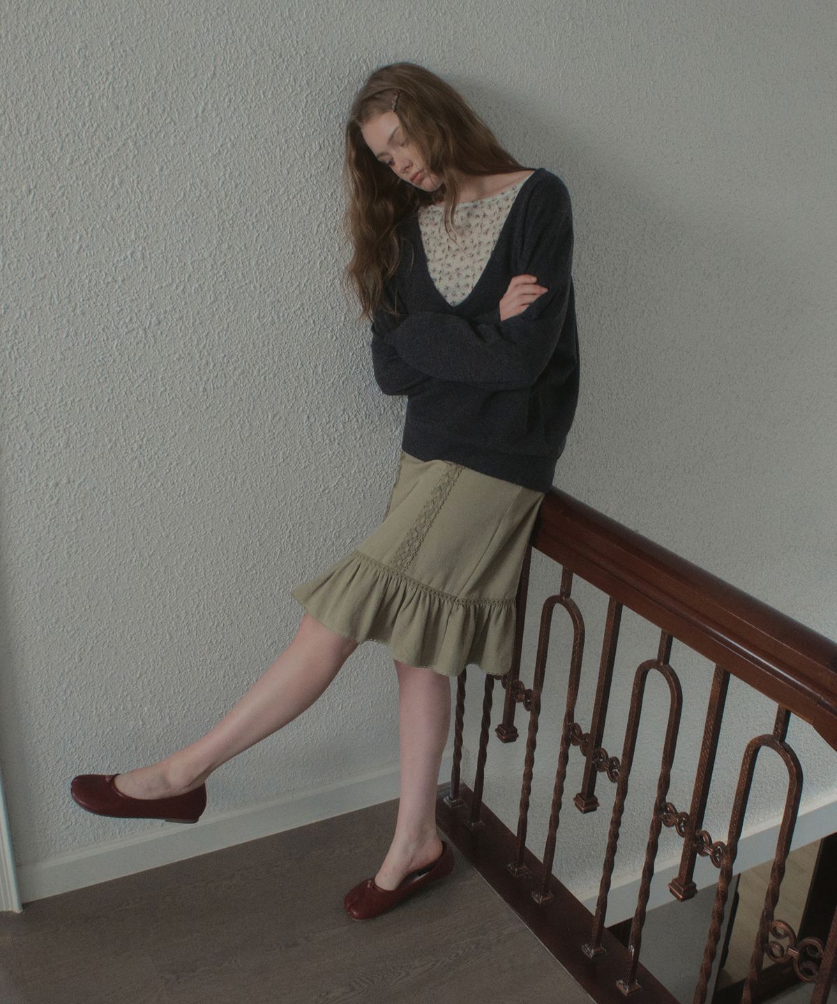 아우어노스텔지아(OURNOSTALGIA) Cottage Lace Midi Skirt_Light Khaki(OB6SK20)